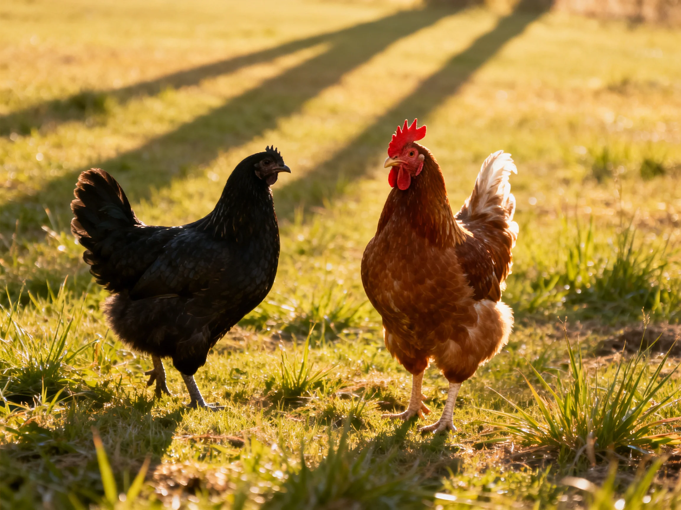 Two chickens, one black, one reddish-brown, stand on sunlit grass