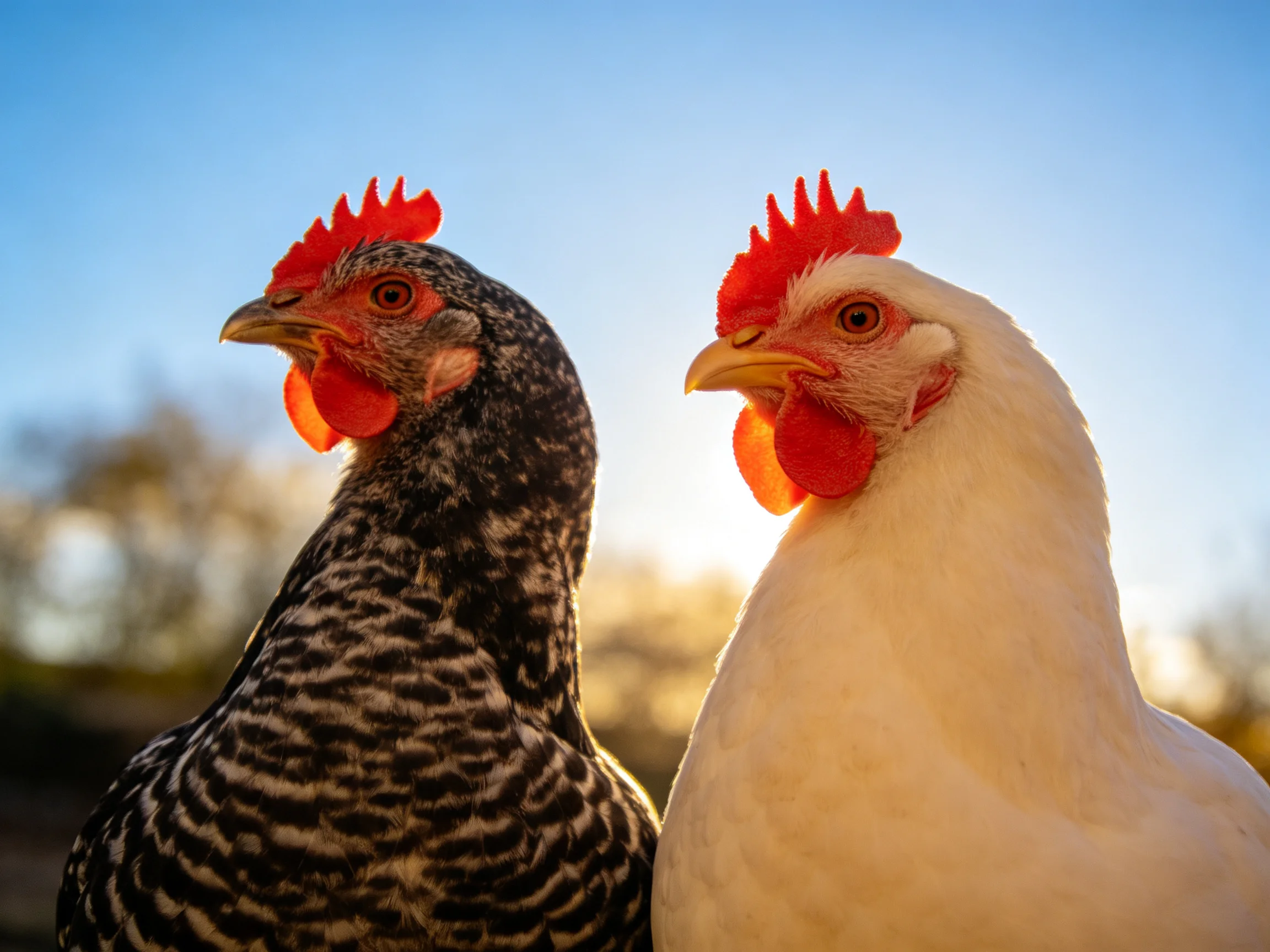 Two chickens, one black-speckled, one white, with bright red combs