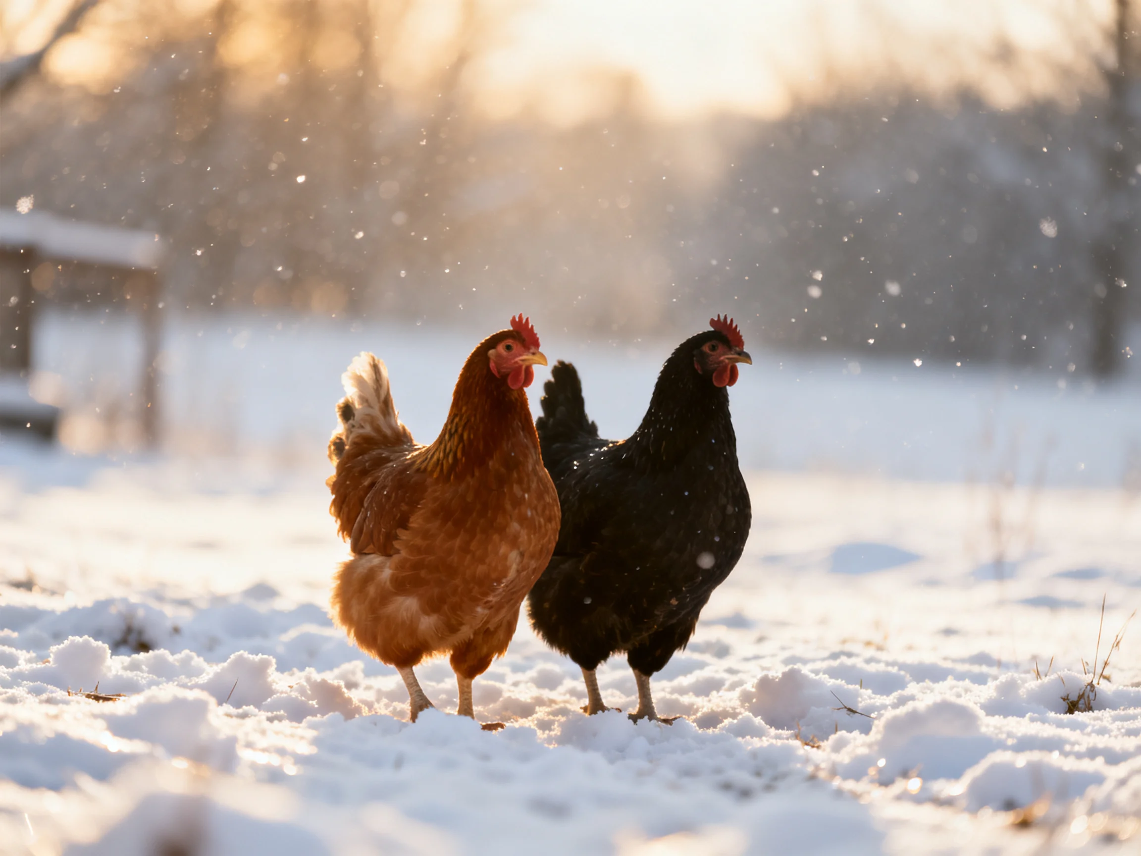 Two chickens, one brown and one black, walk through snowy landscape