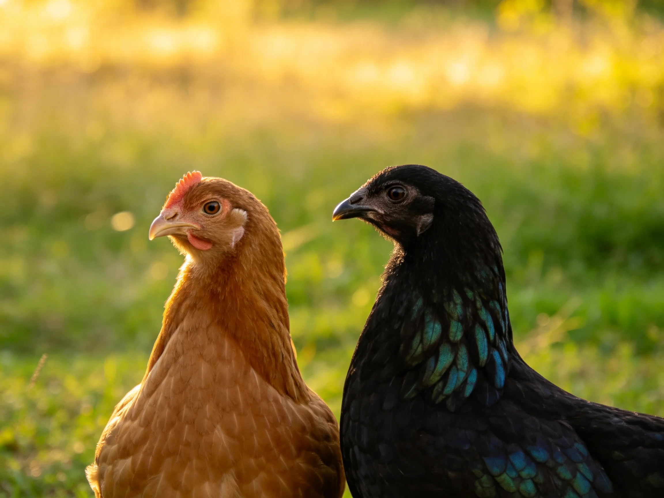 Two chickens, one brown and one iridescent black, in a sunlit green field