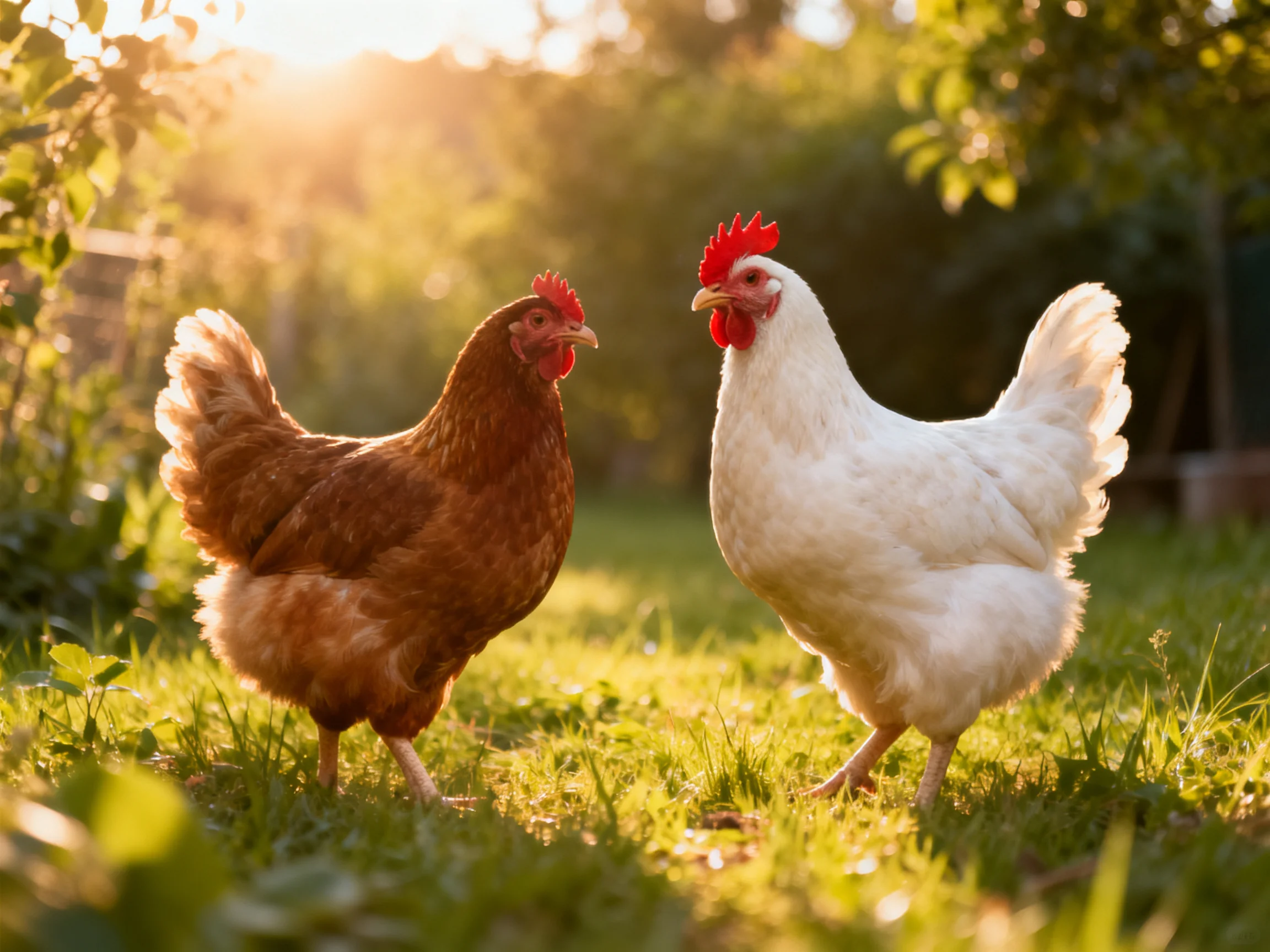 Two chickens, one brown and one white, in a sunlit grassy yard
