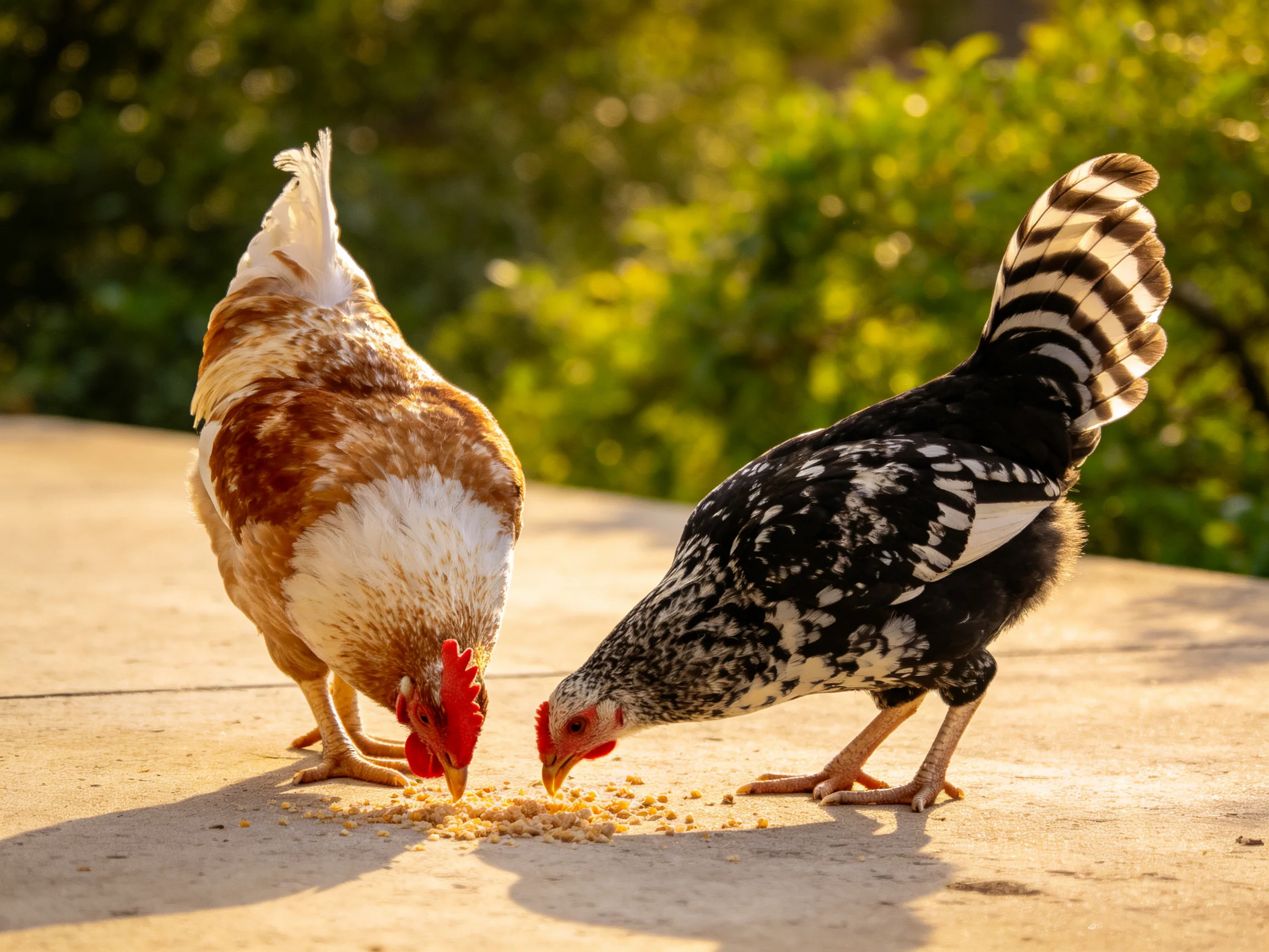 Two chickens, one brown and white, one black and white, peck seeds on a concrete surface.