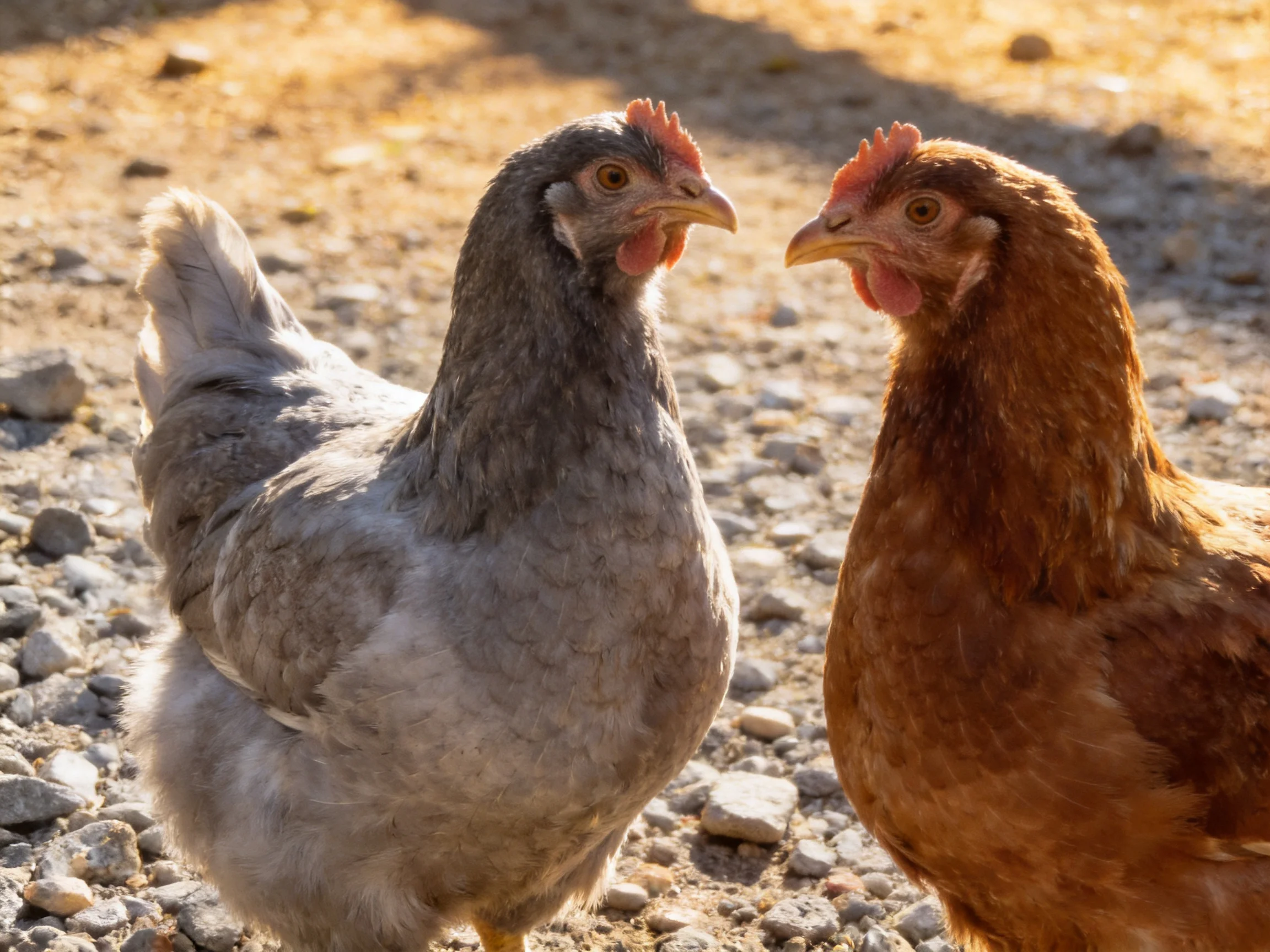 Two chickens, one gray and one brown, standing on a gravel path