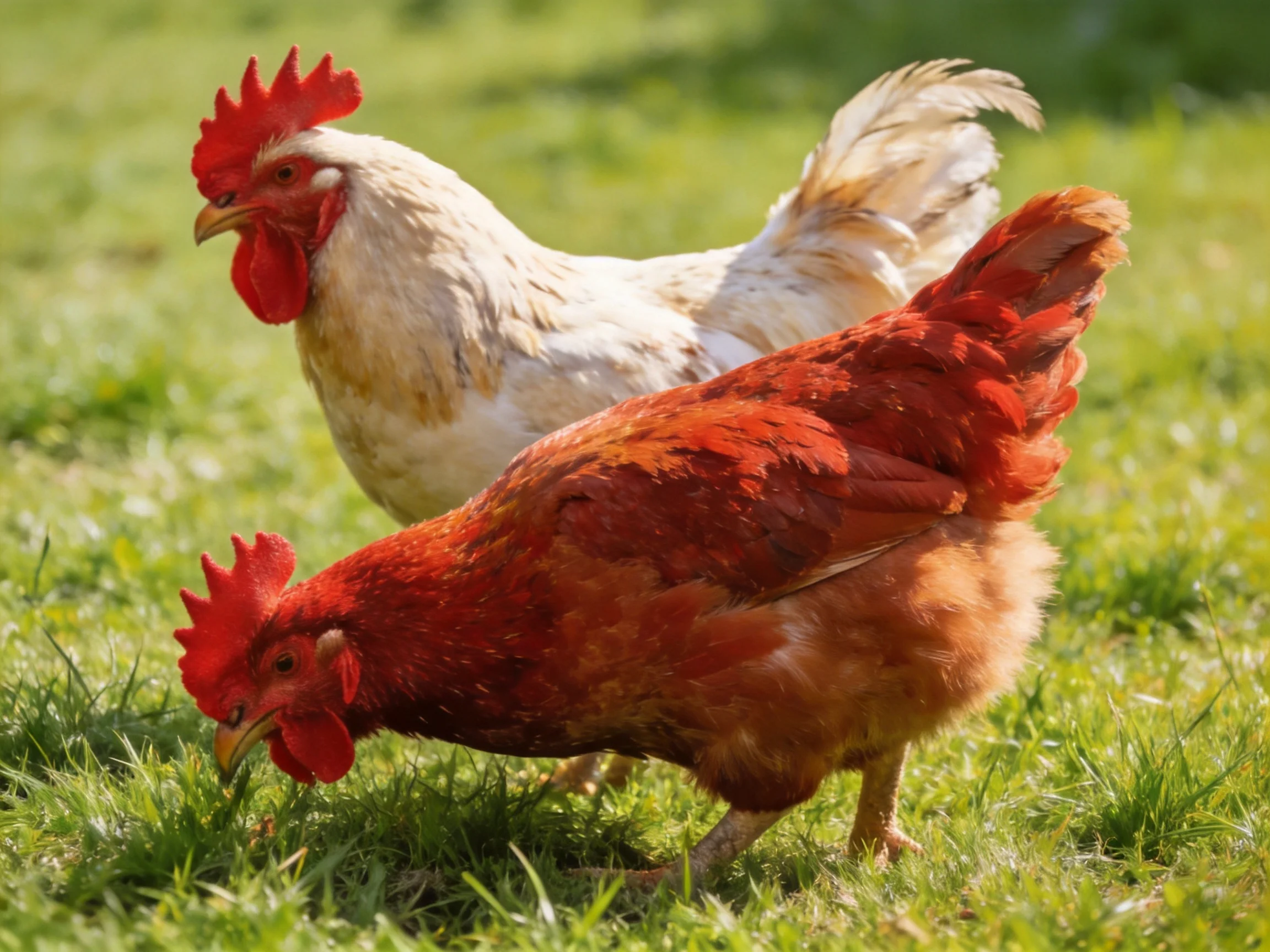 Two chickens, one red, one white, pecking at green grass