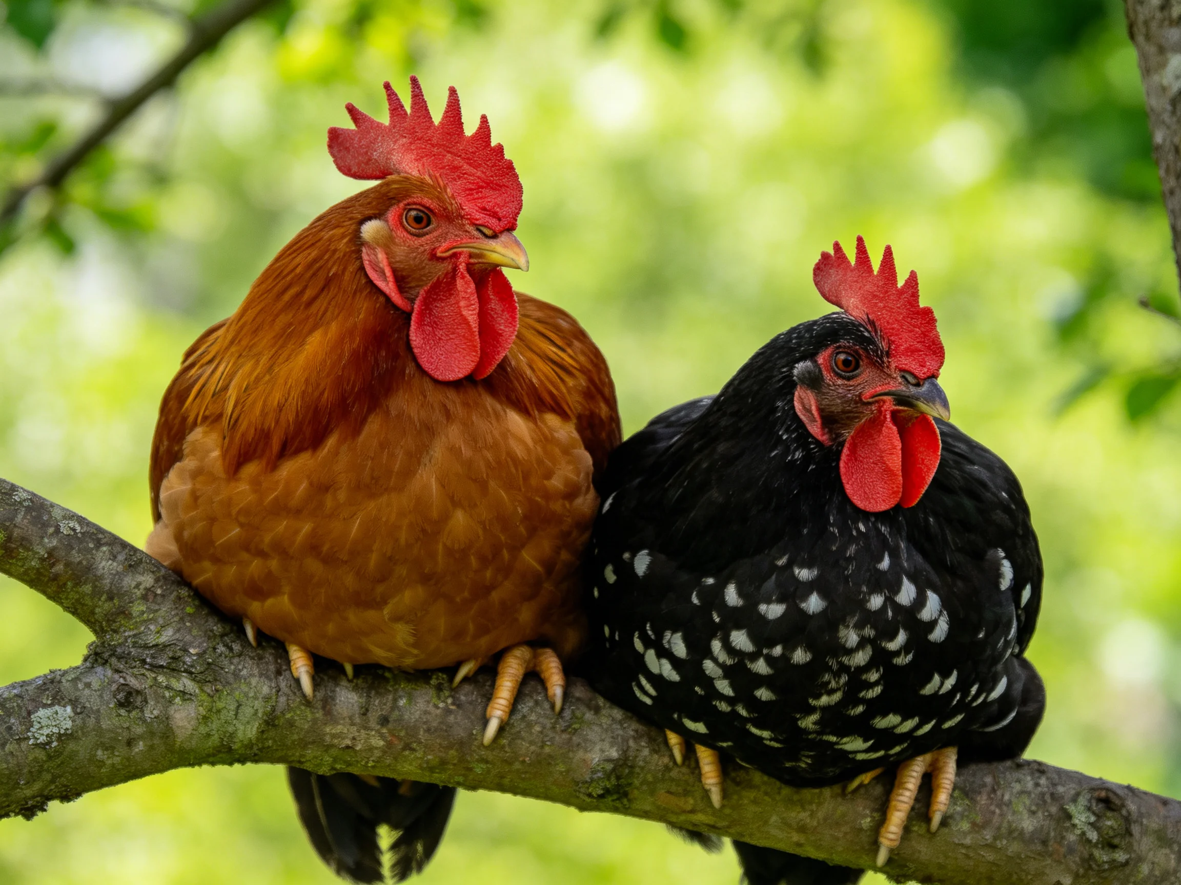 Two chickens, one reddish-brown, one black with white spots, sit on a tree branch