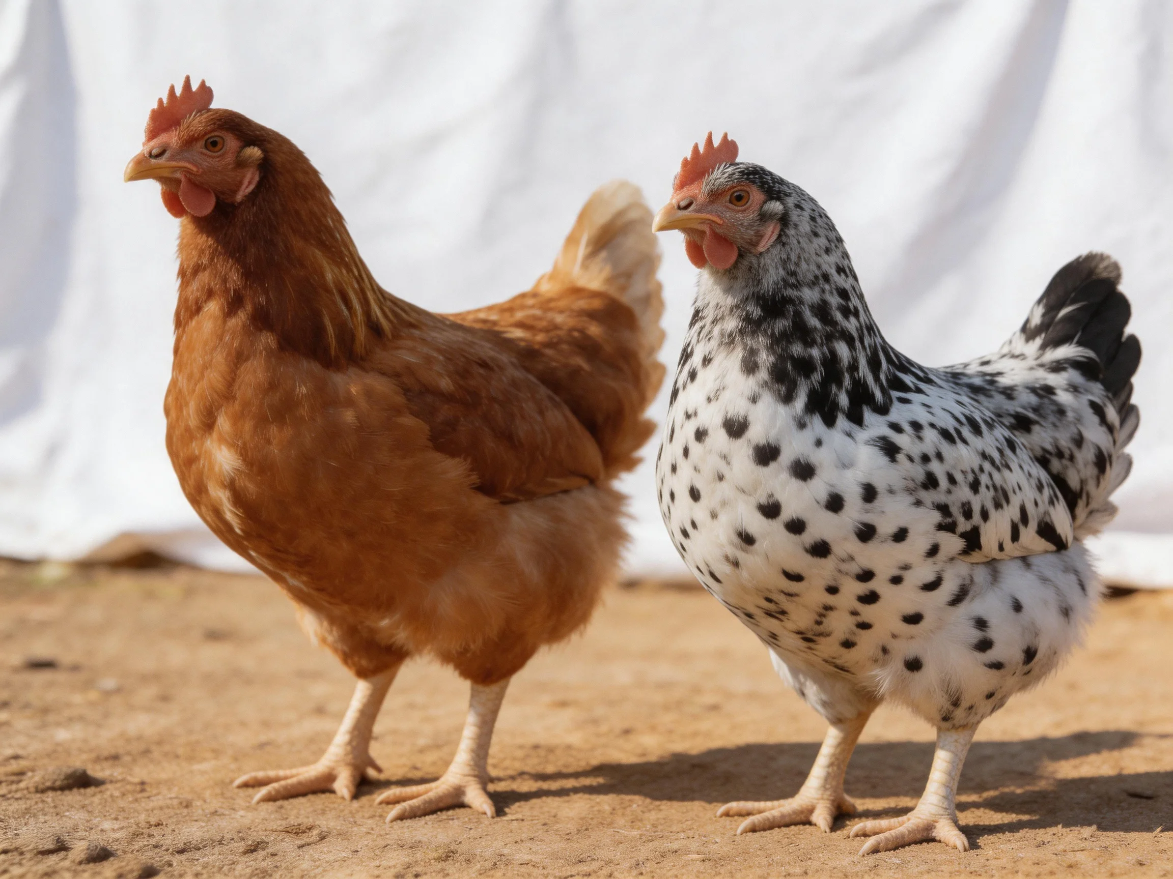 Two chickens, one solid brown, one speckled black and white