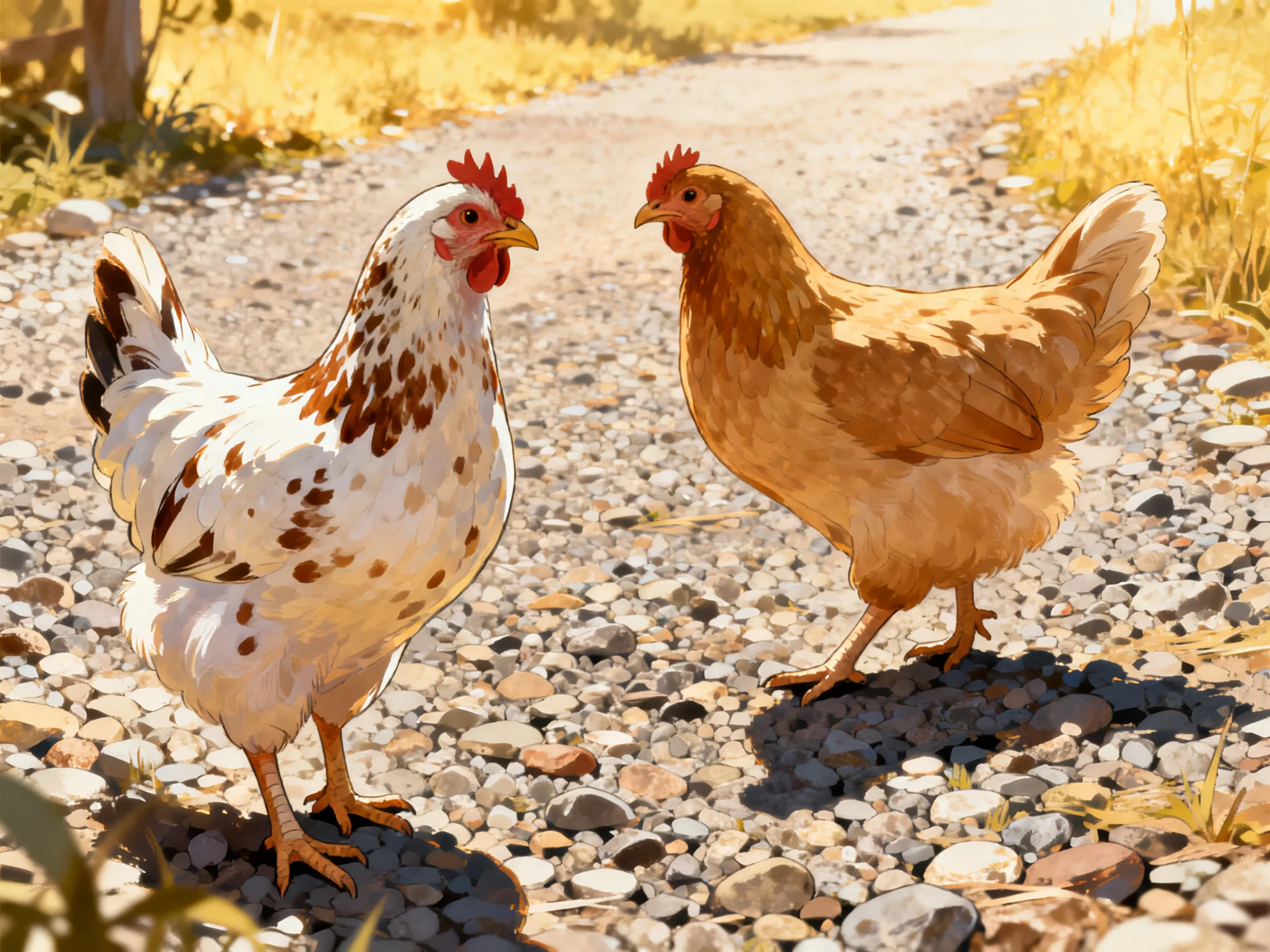 Two chickens, one spotted white-brown, one solid tan, stand on a sunlit gravel path