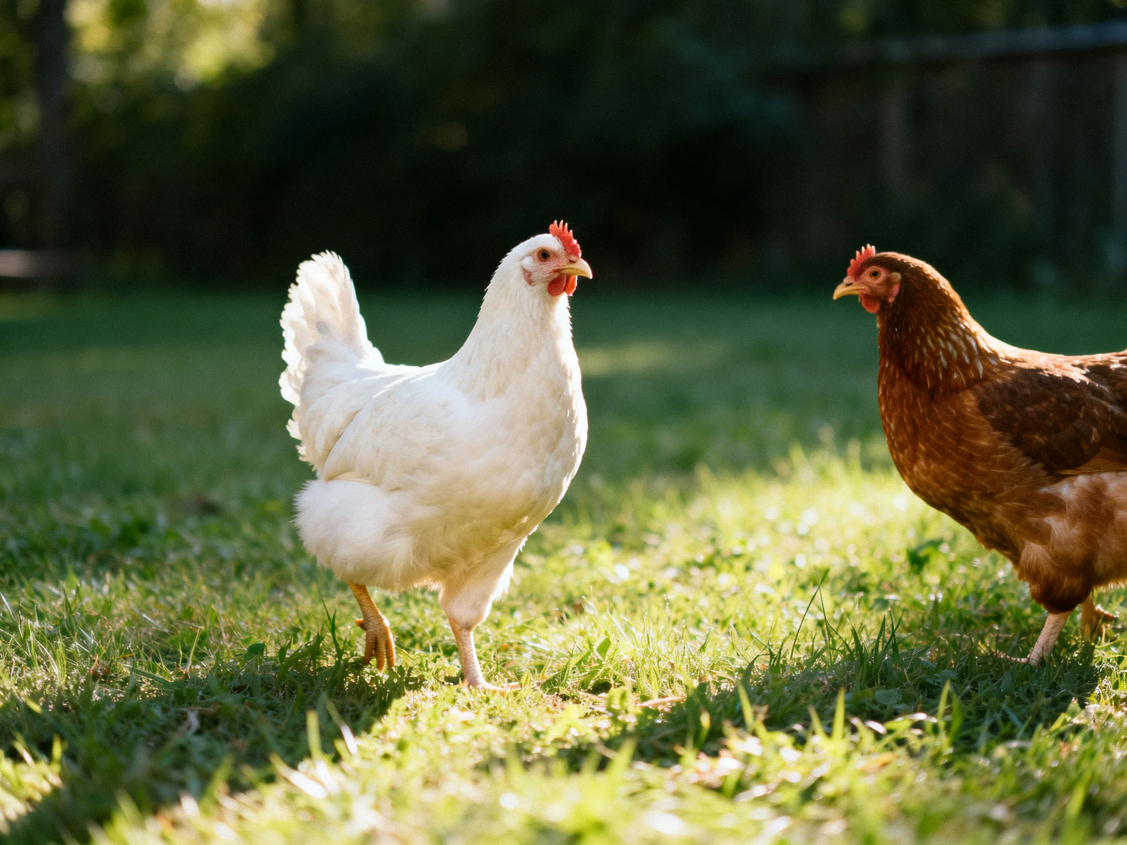 Two chickens, one white and one brown, explore sunlit green grass