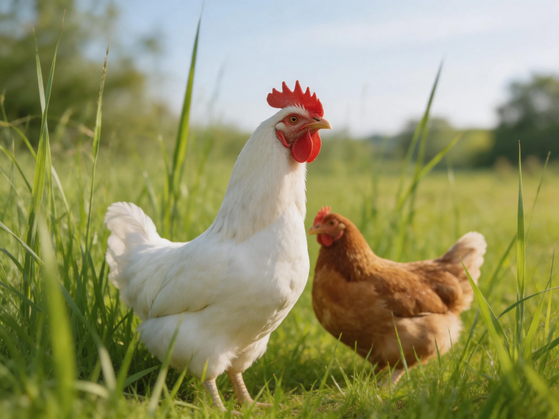 Two chickens, one white and one brown, in a sunlit grassy field