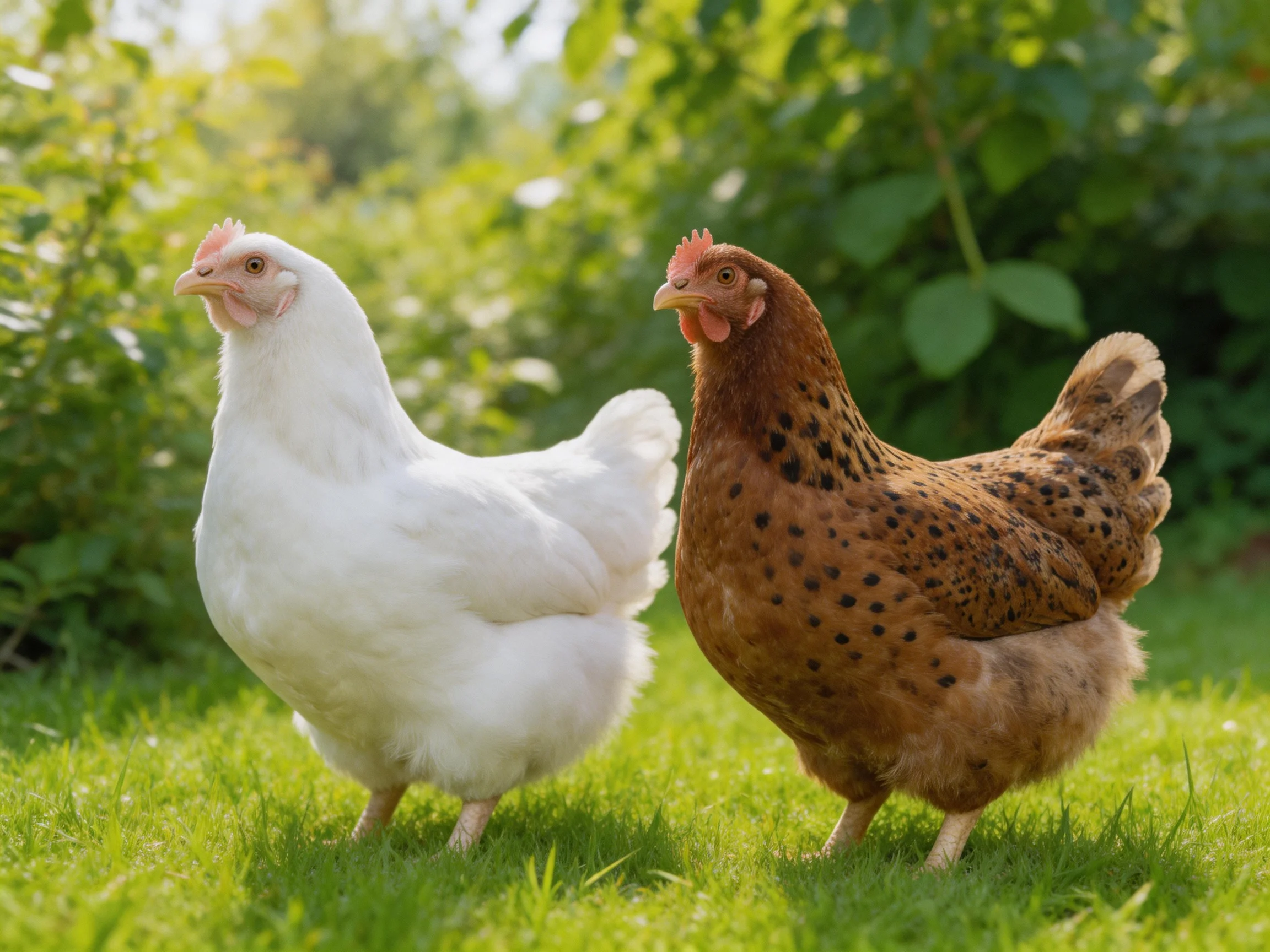 Two chickens, one white and one brown-spotted, walk through lush green grass