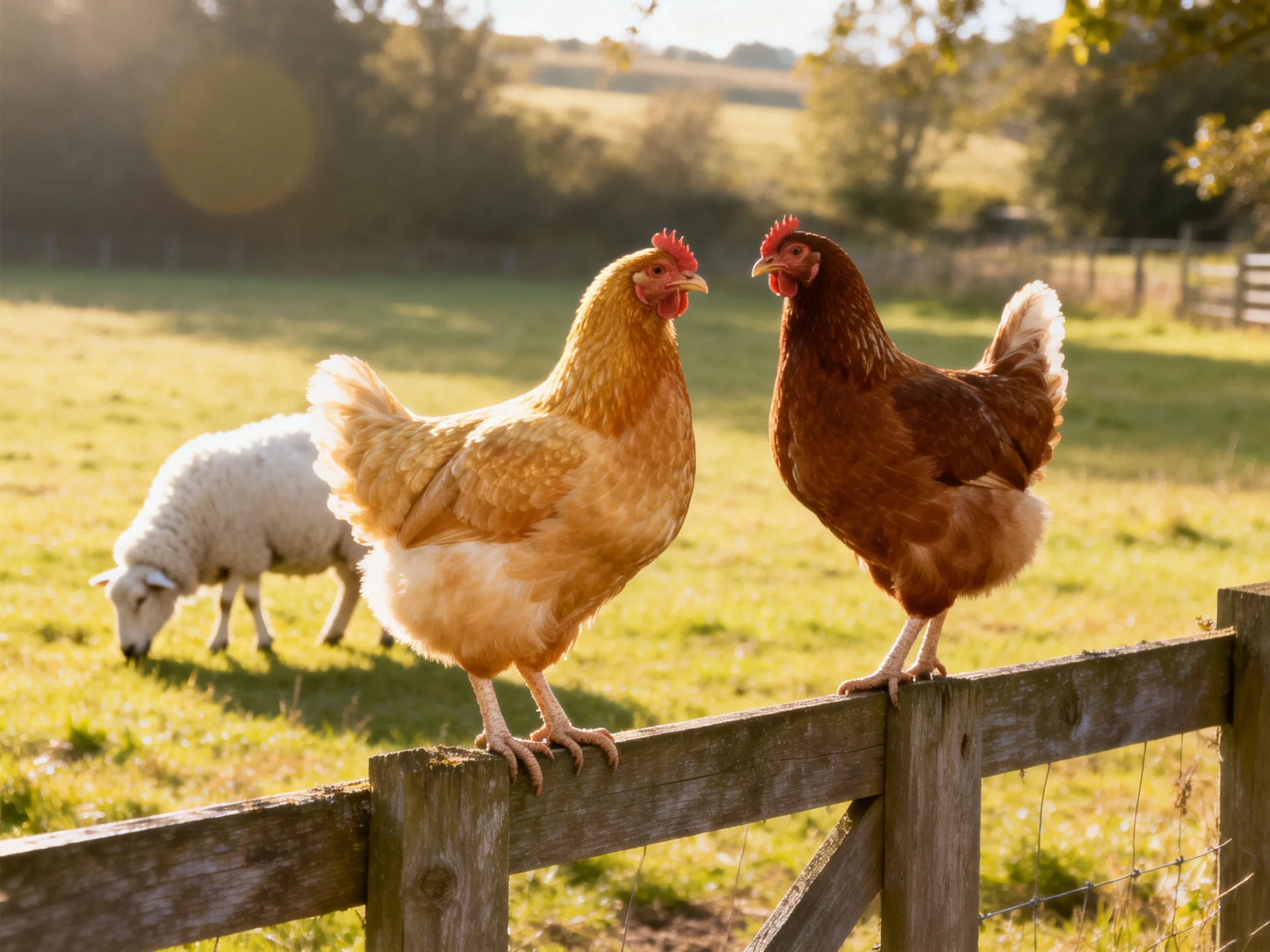 Two chickens perch on a wooden fence near a grazing sheep in a sunlit pasture