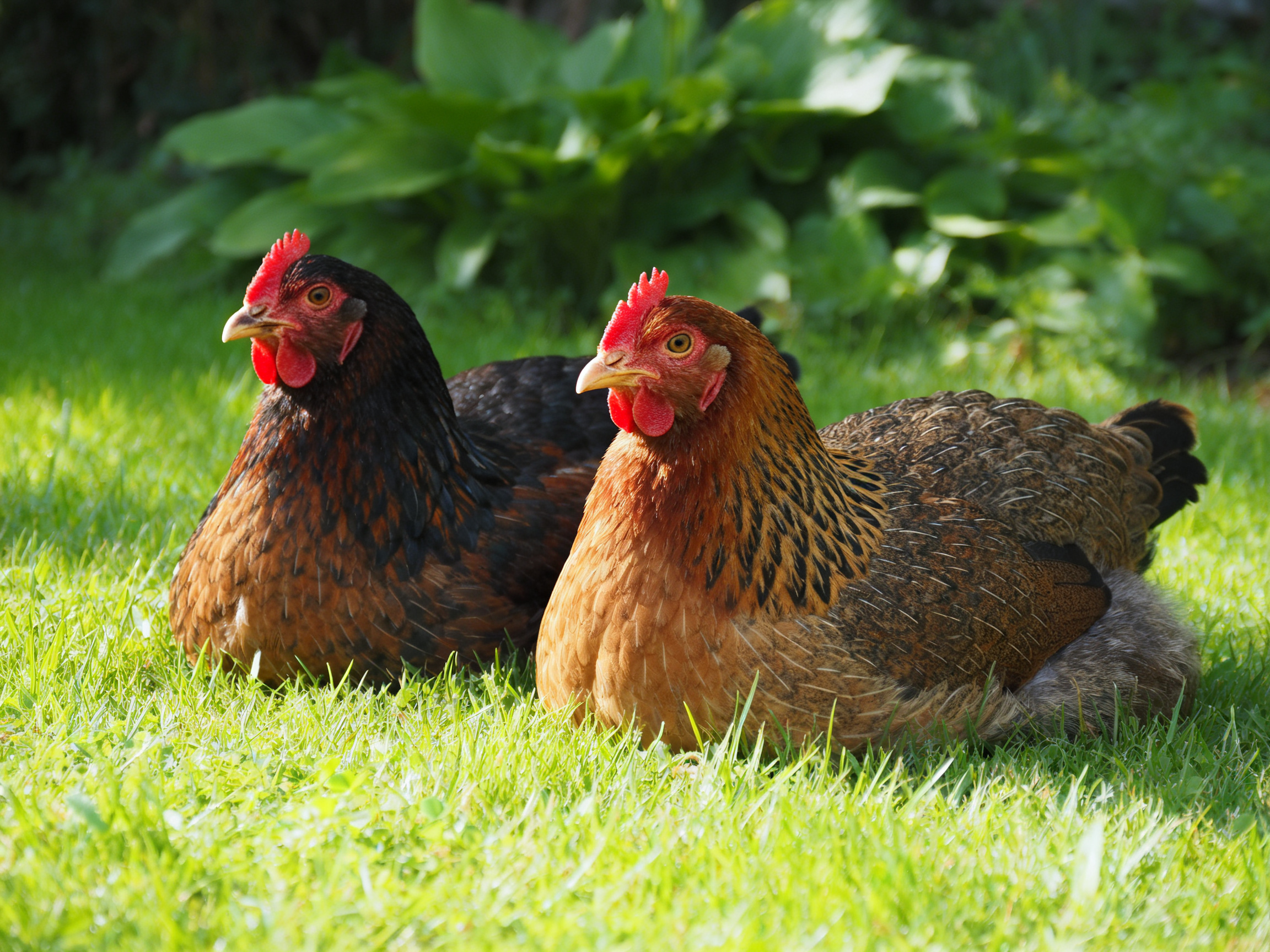 Two chickens rest on lush green grass with red combs