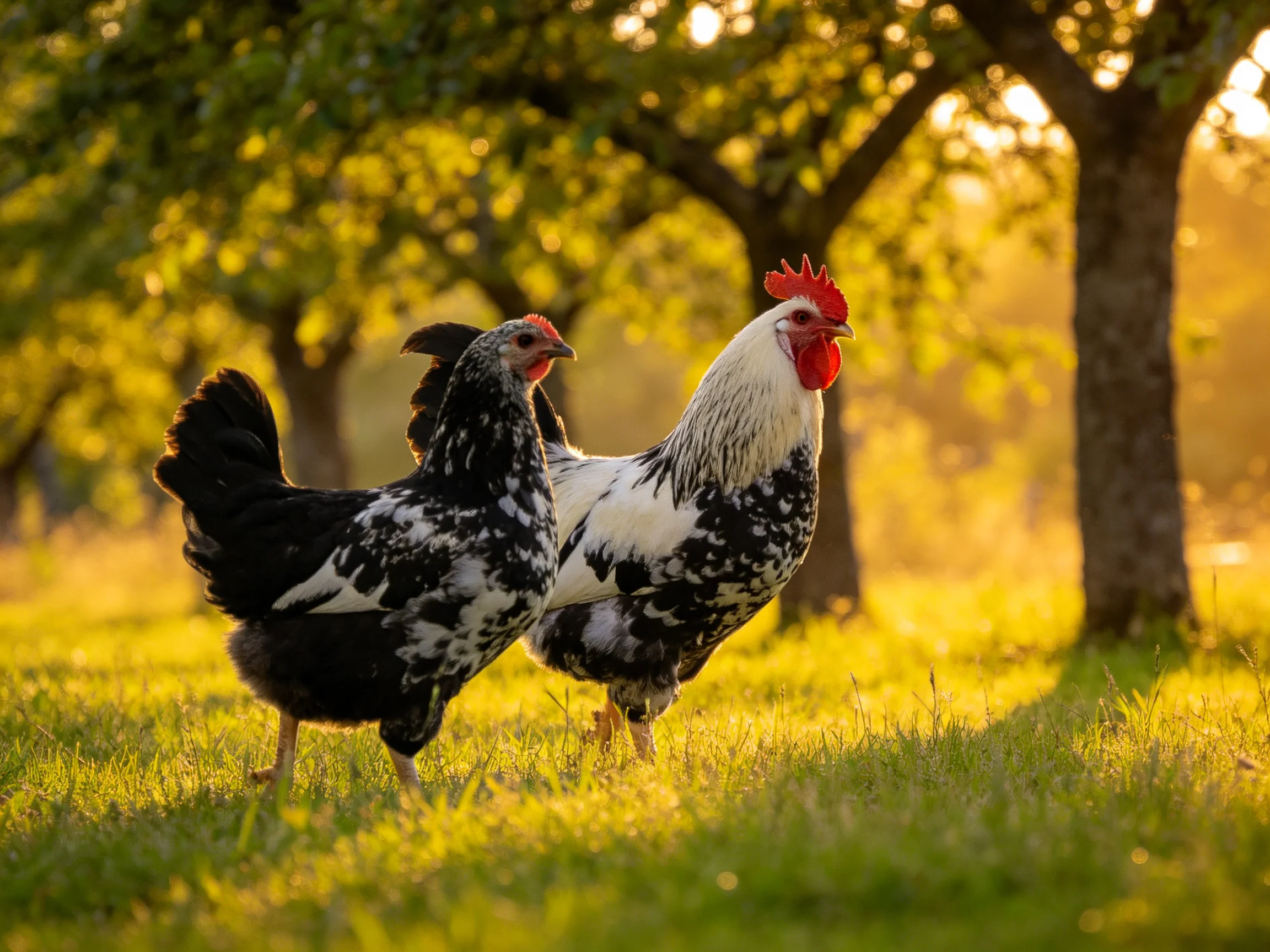 Two chickens with black and white plumage in sunlit grassy orchard