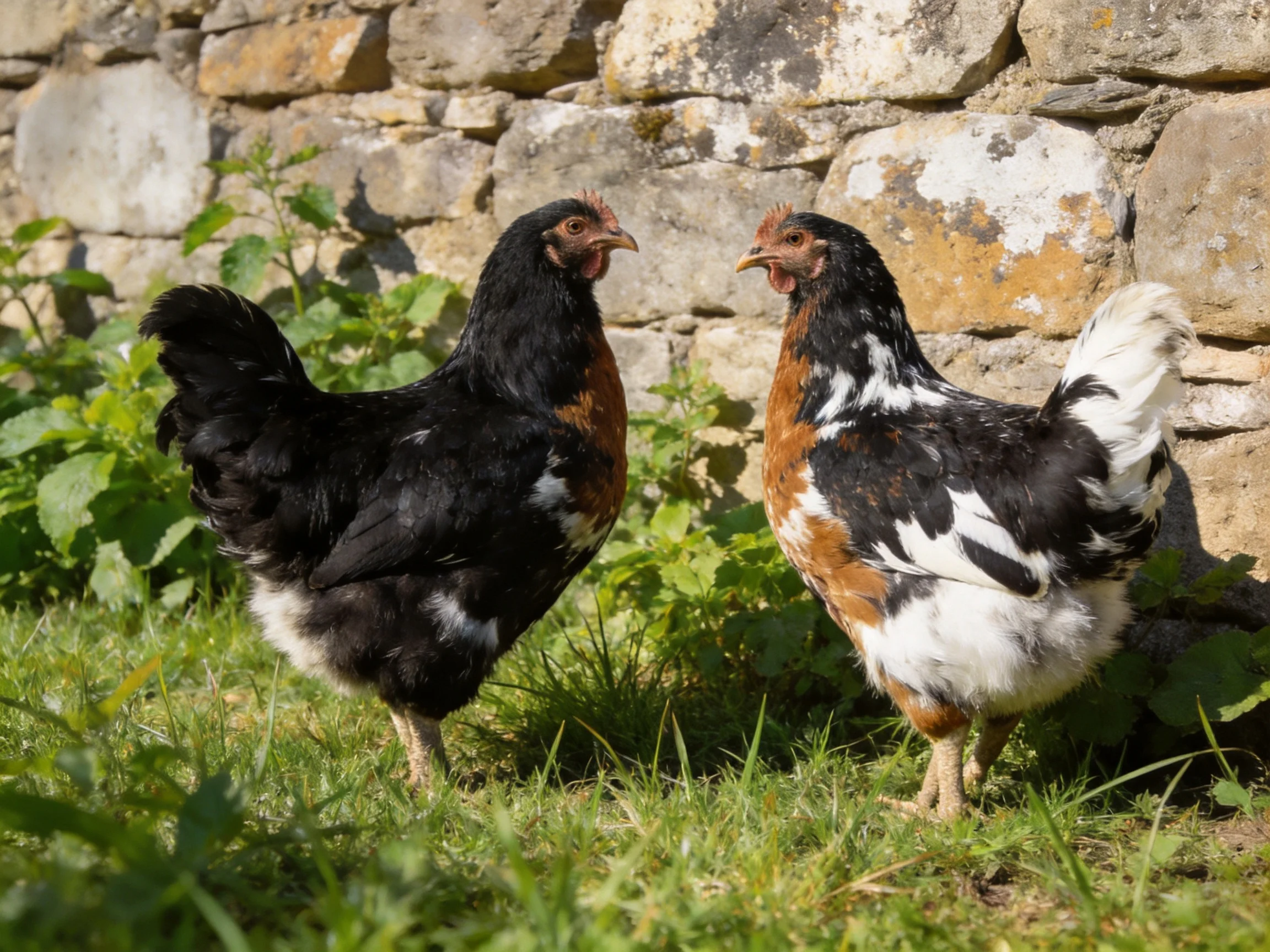 Two chickens with black, brown, and white feathers near an aged stone wall