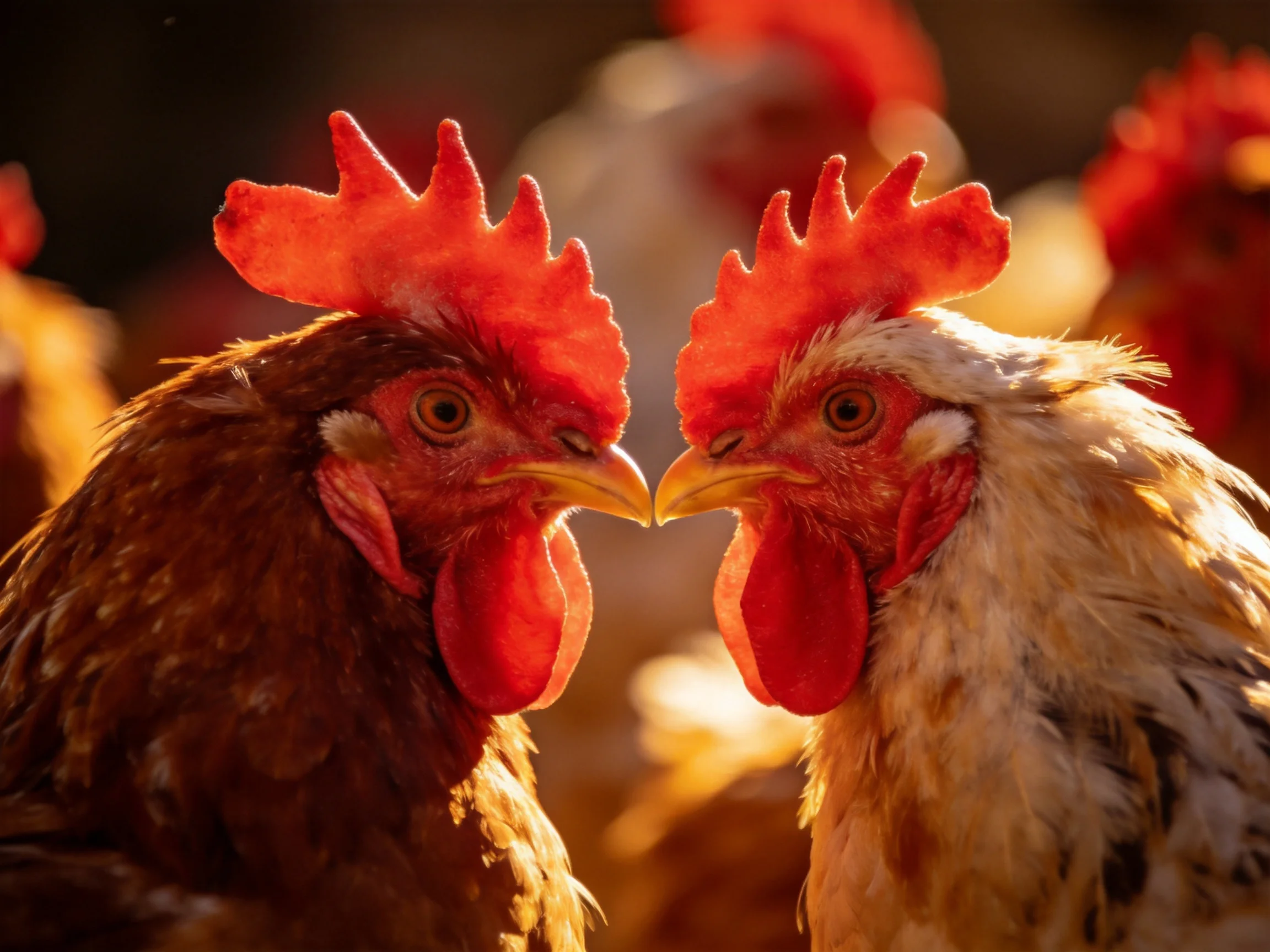 Two chickens with bright red combs face each other in warm golden light