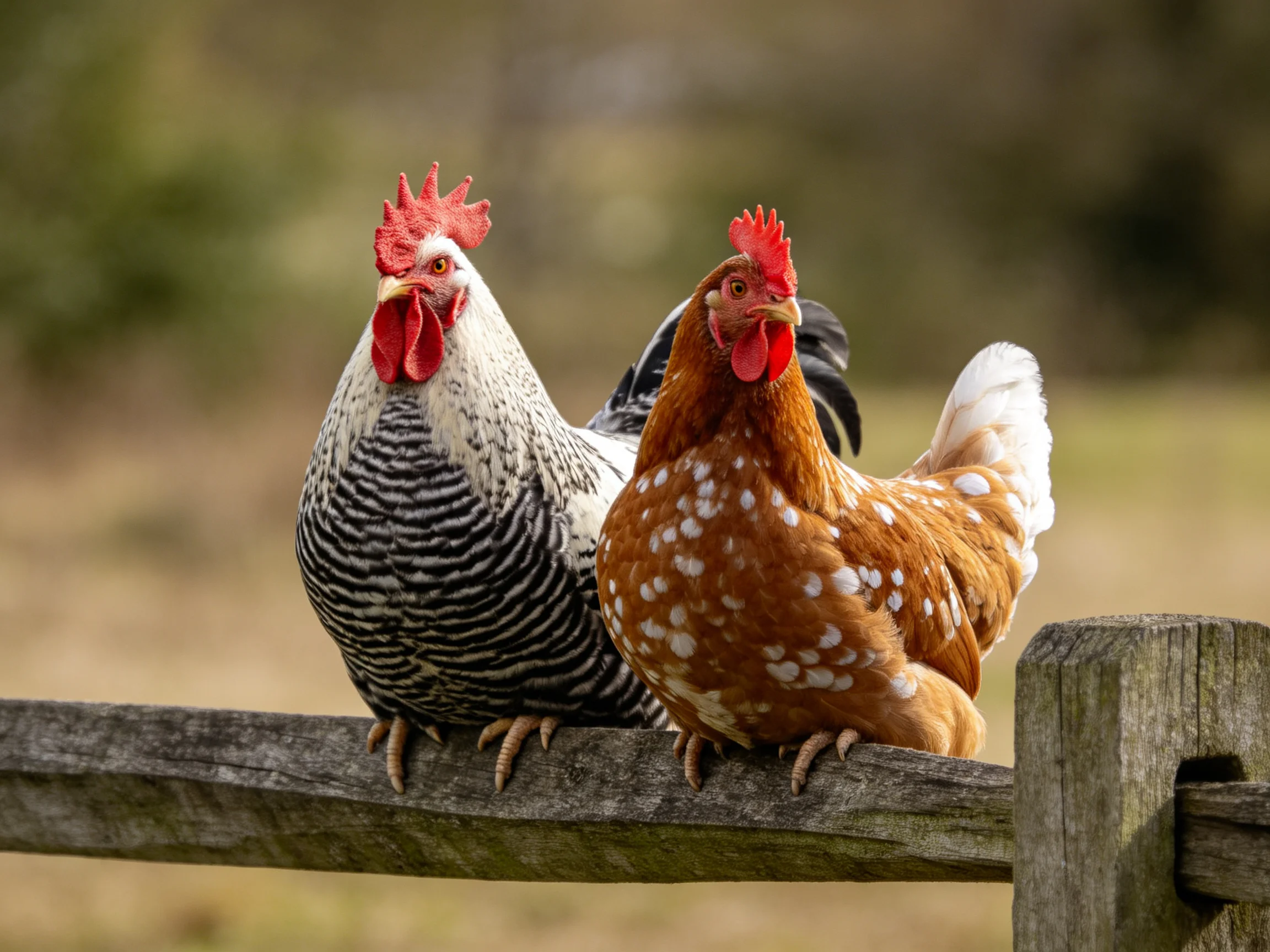Two chickens with contrasting plumage sit atop an aged wooden fence