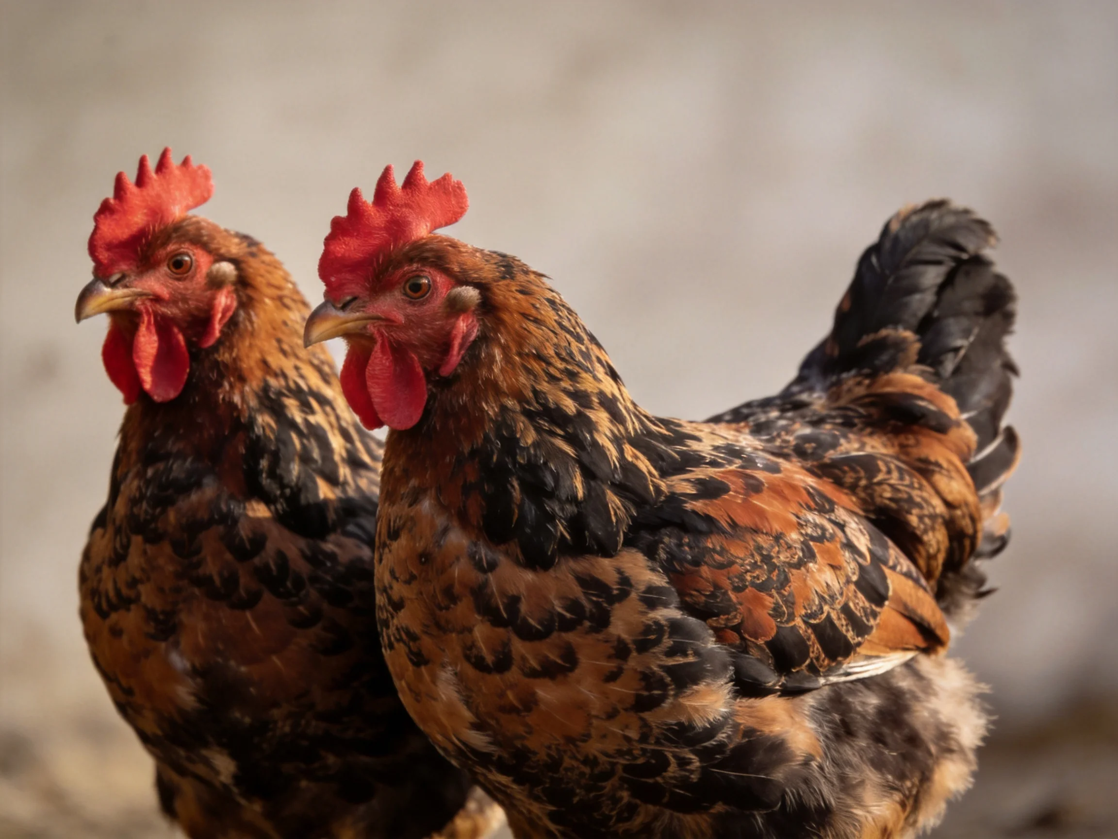 Two chickens with red combs and brown-black feathering
