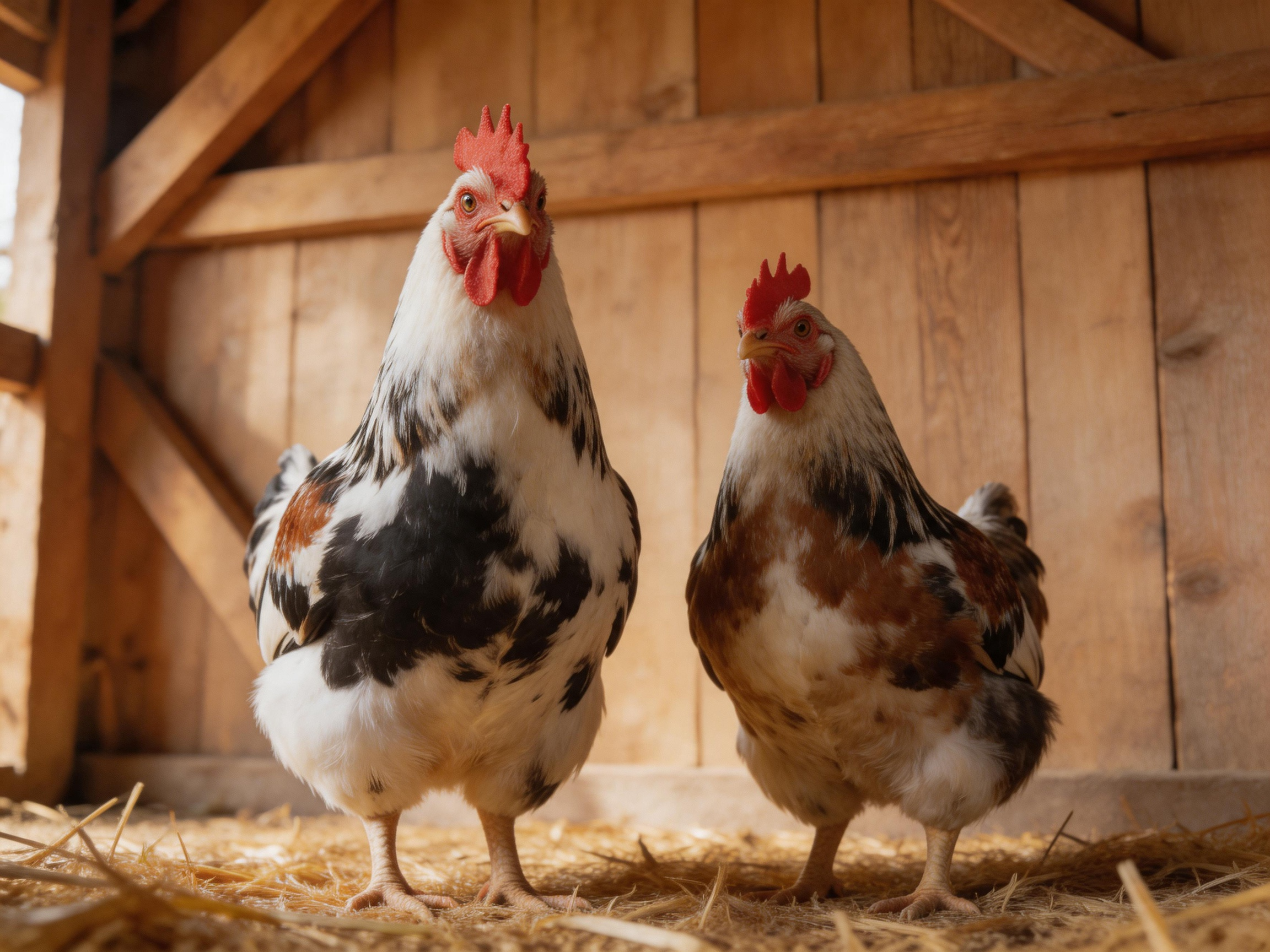 Two chickens with red combs standing in a wooden coop