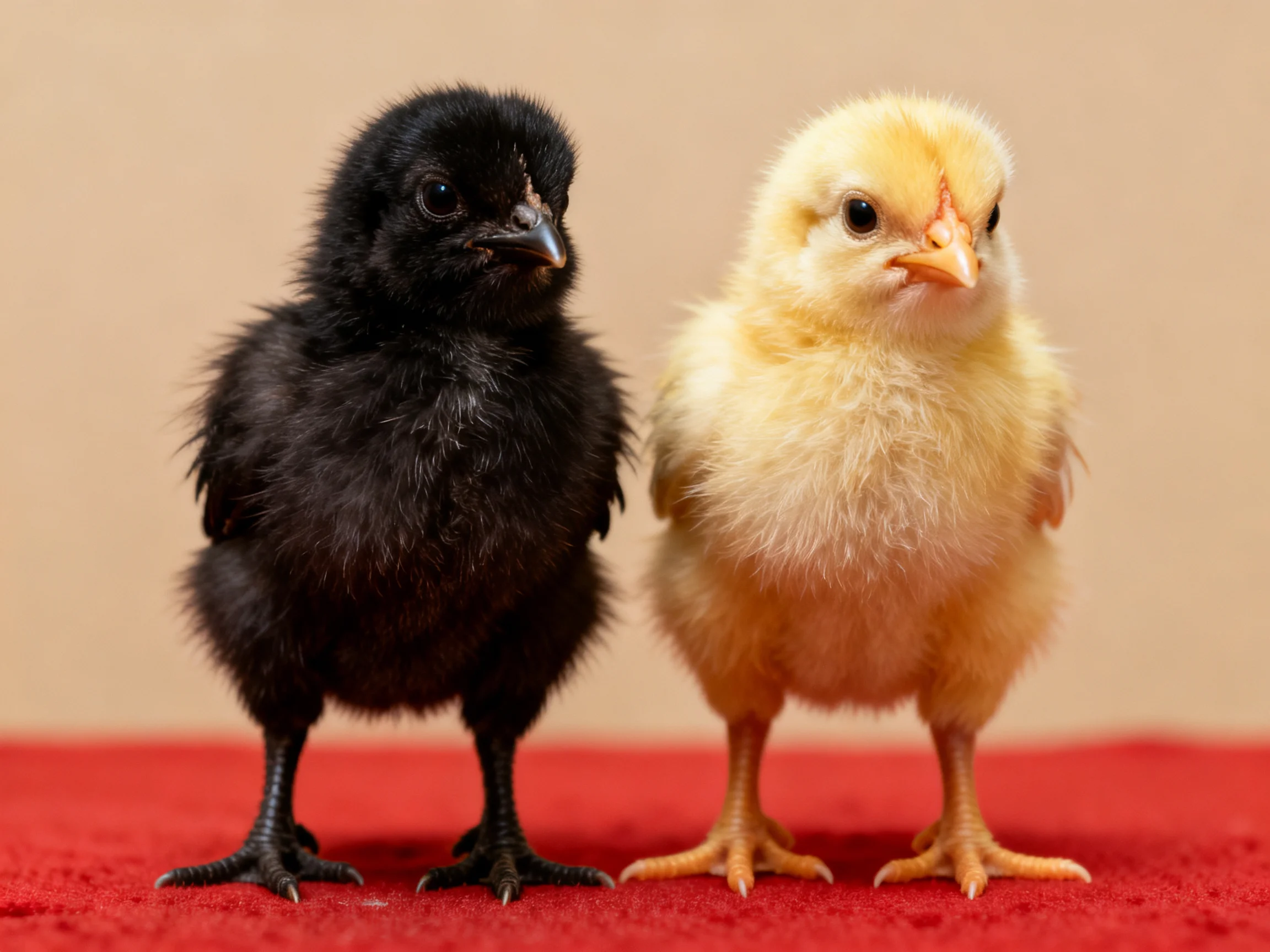 Two chicks, one black and one yellow, stand side by side on red fabric