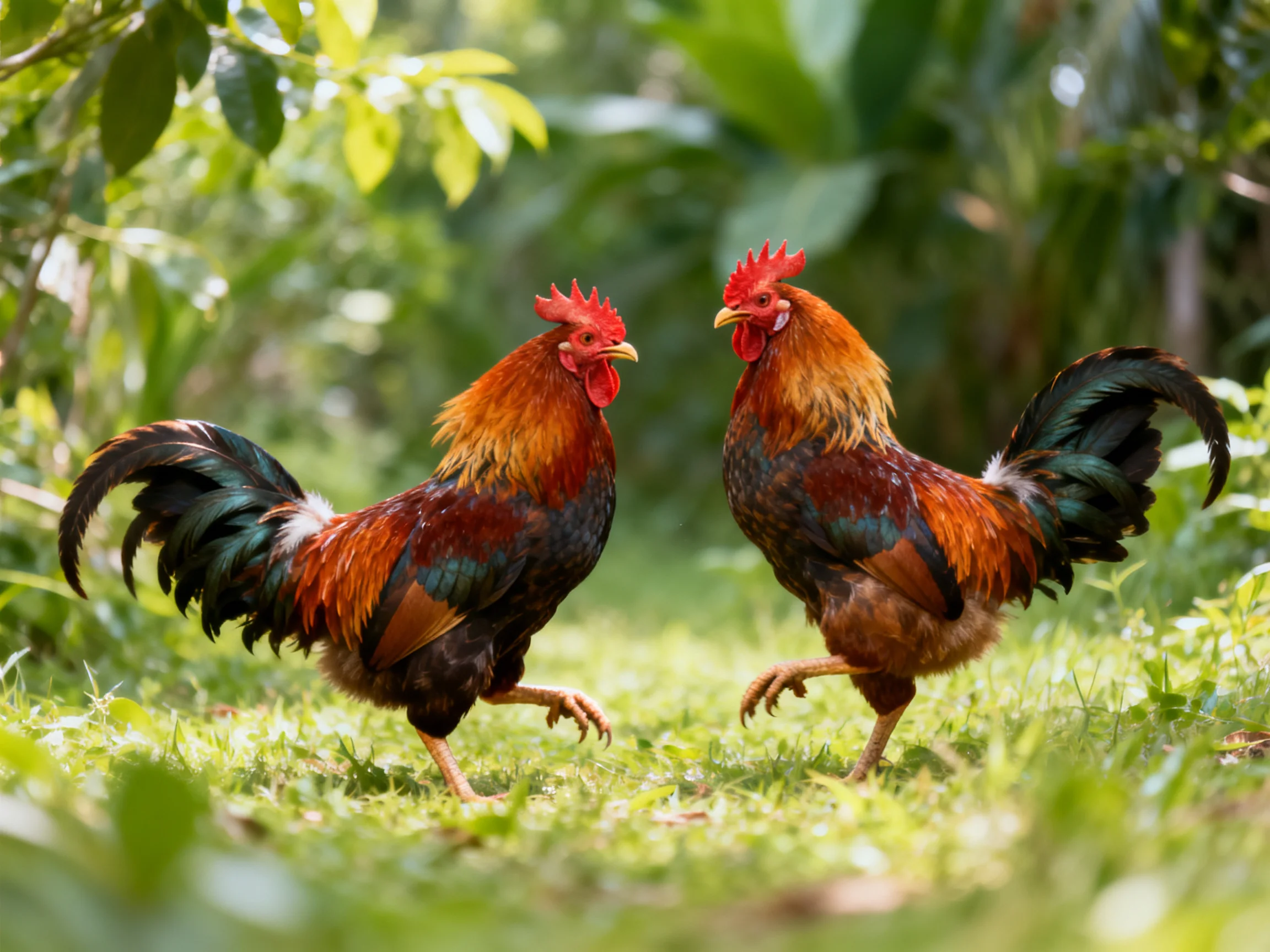 Two colorful roosters face each other in a verdant natural setting
