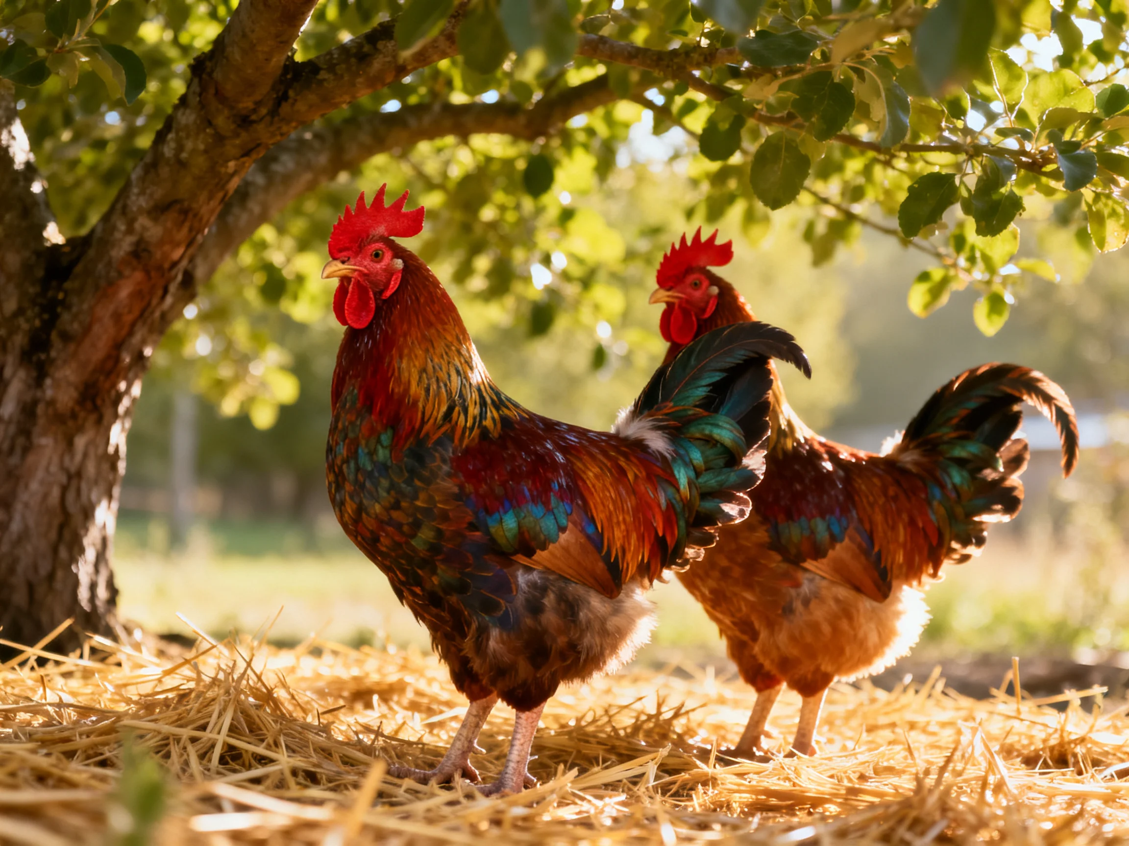 Two colorful roosters rest on straw near a shaded tree.