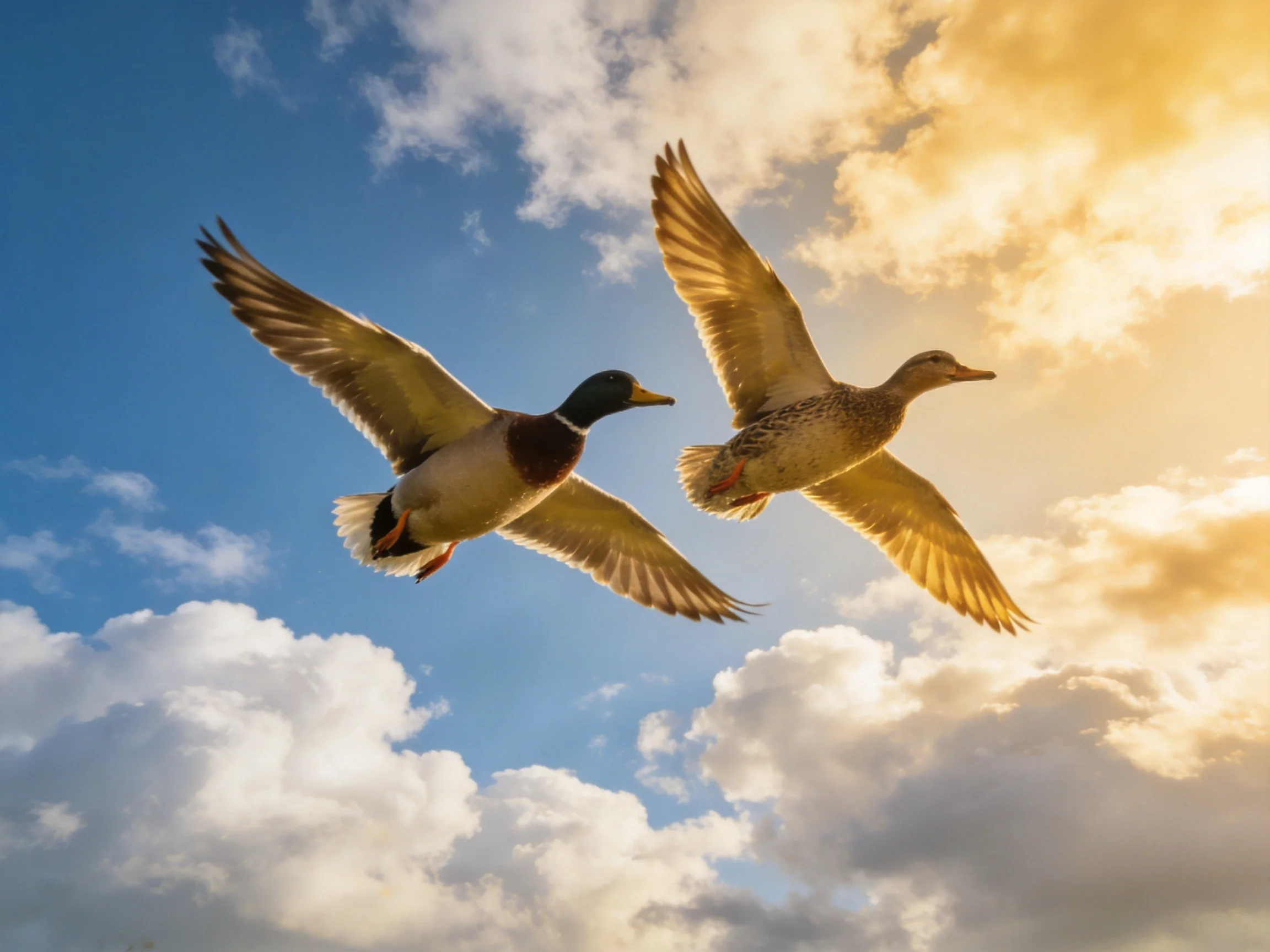 Two ducks flying through a bright blue sky with golden clouds