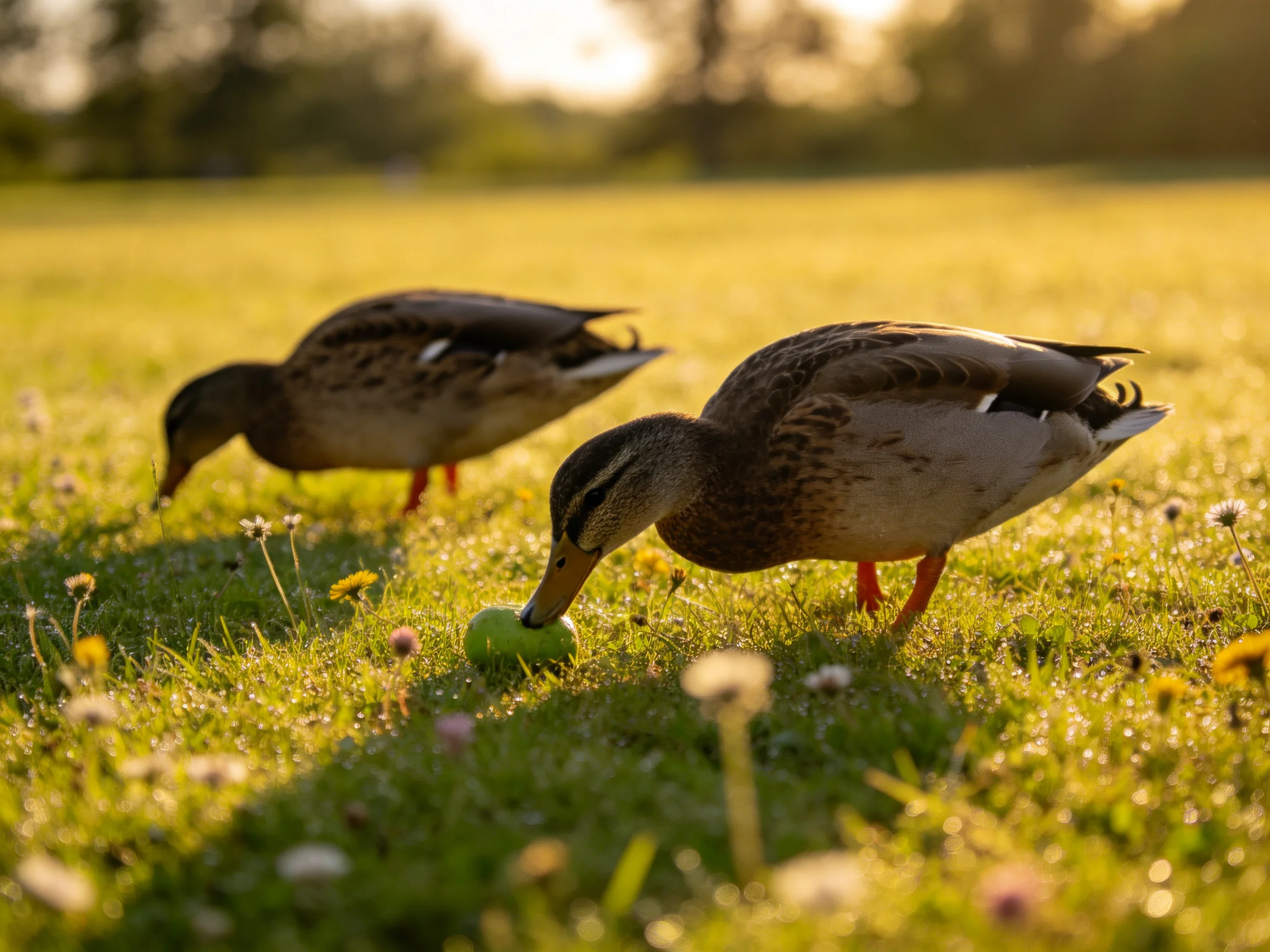 Two ducks foraging in a sunlit grassy meadow with wildflowers