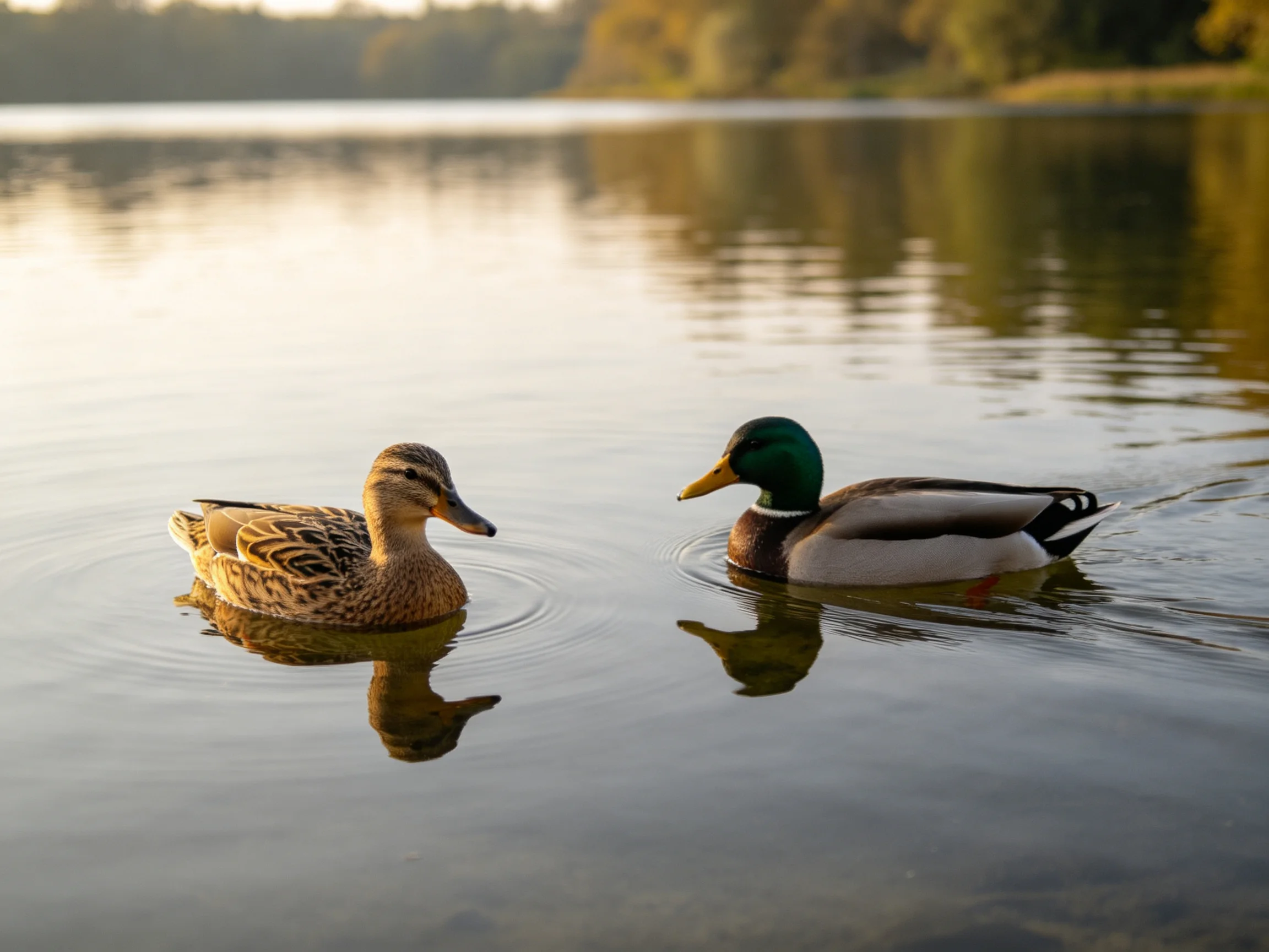 Two ducks glide across a calm lake under soft golden light