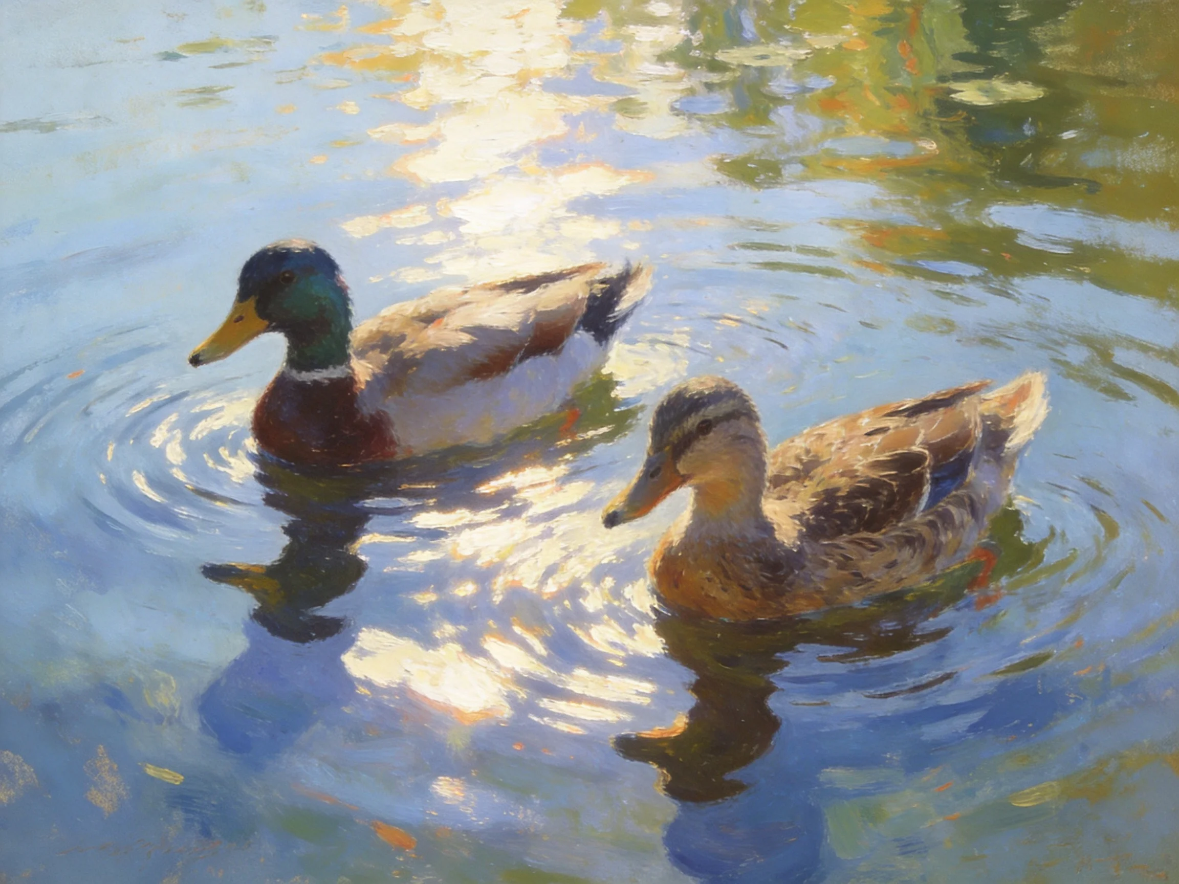 Two ducks glide gracefully through sun-dappled, reflective water