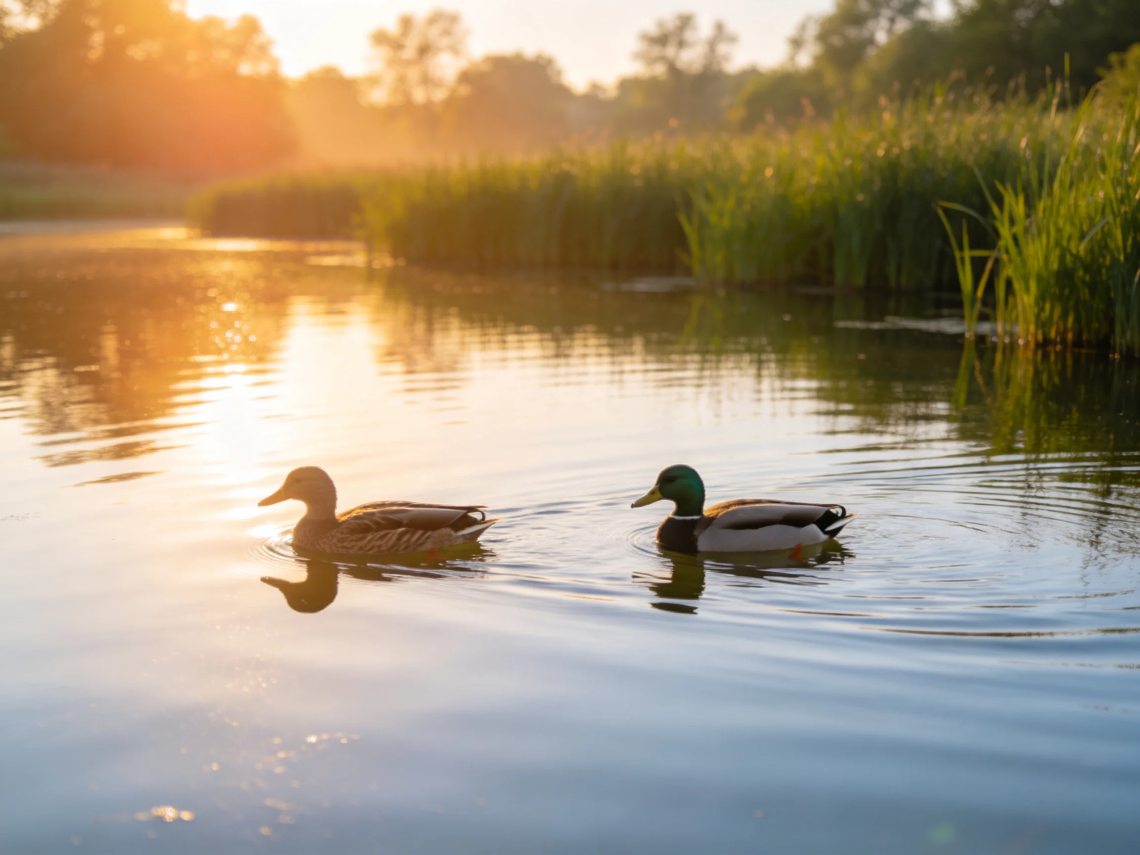 Two ducks glide through calm waters at golden hour near lush reeds