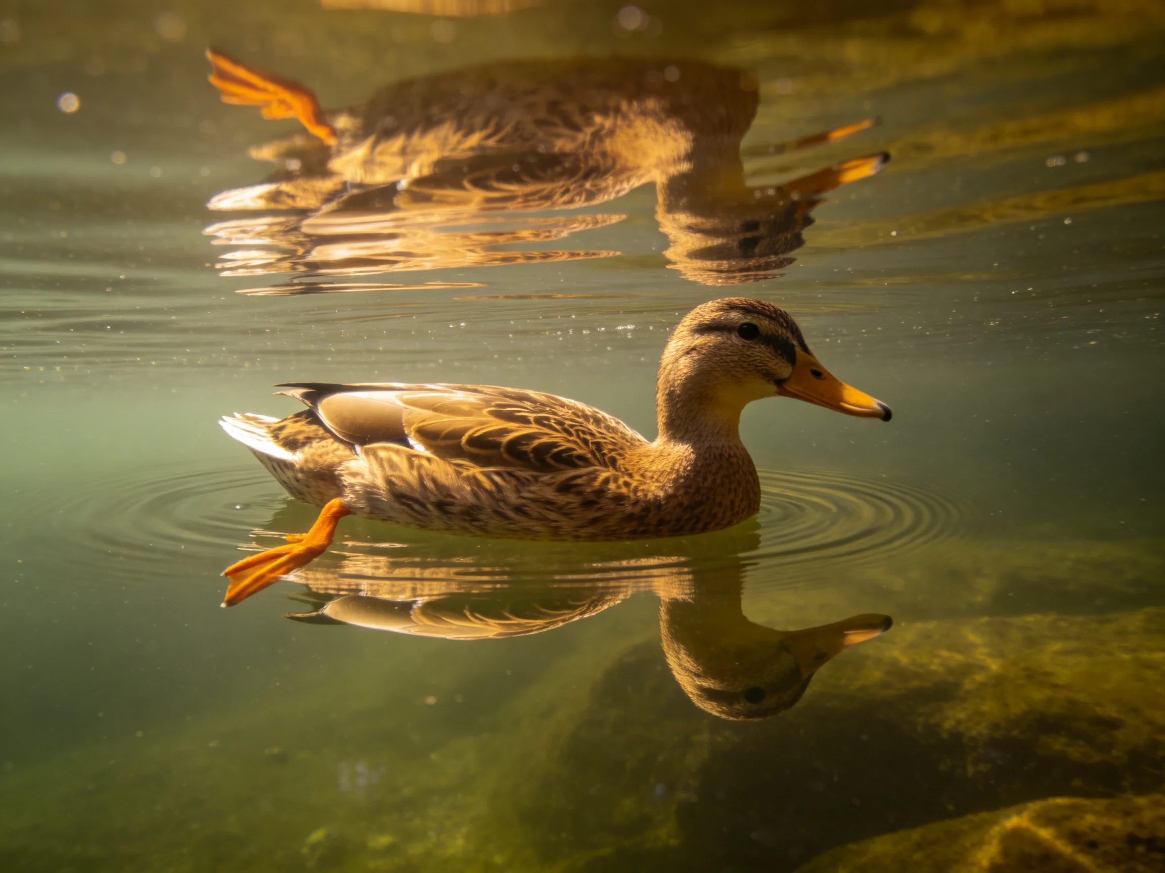 Two ducks glide through clear water with golden reflections