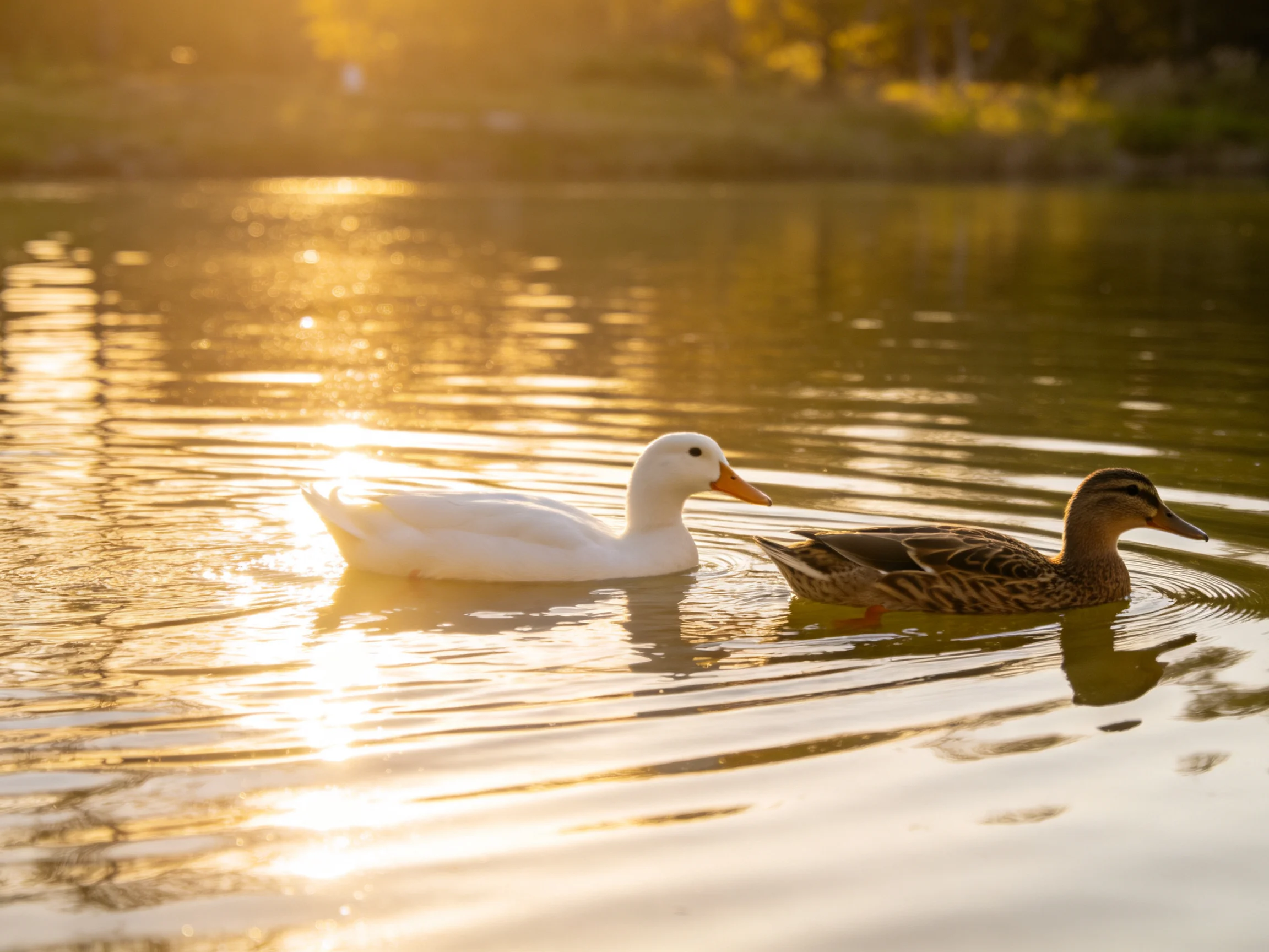 Two ducks glide through golden-hued water at sunset