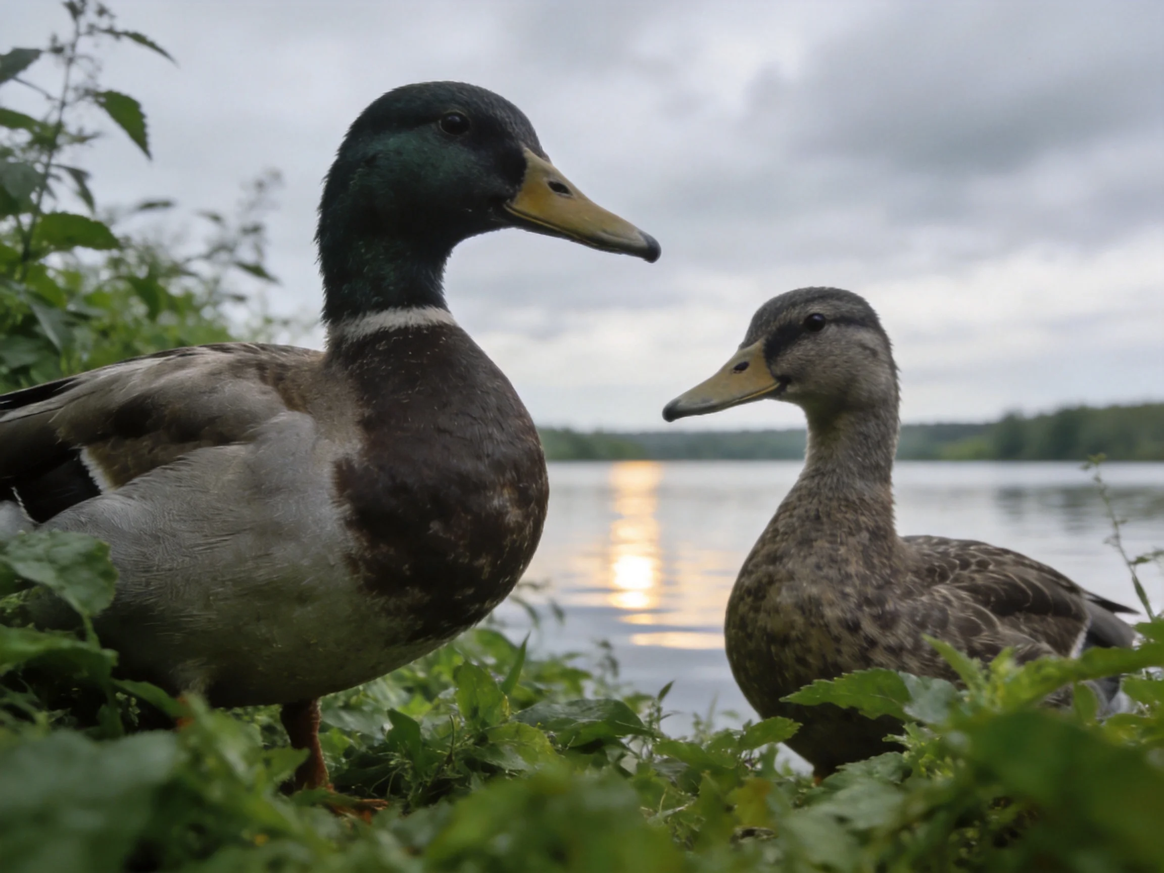 Two ducks near a calm lake with lush foliage and cloudy sky