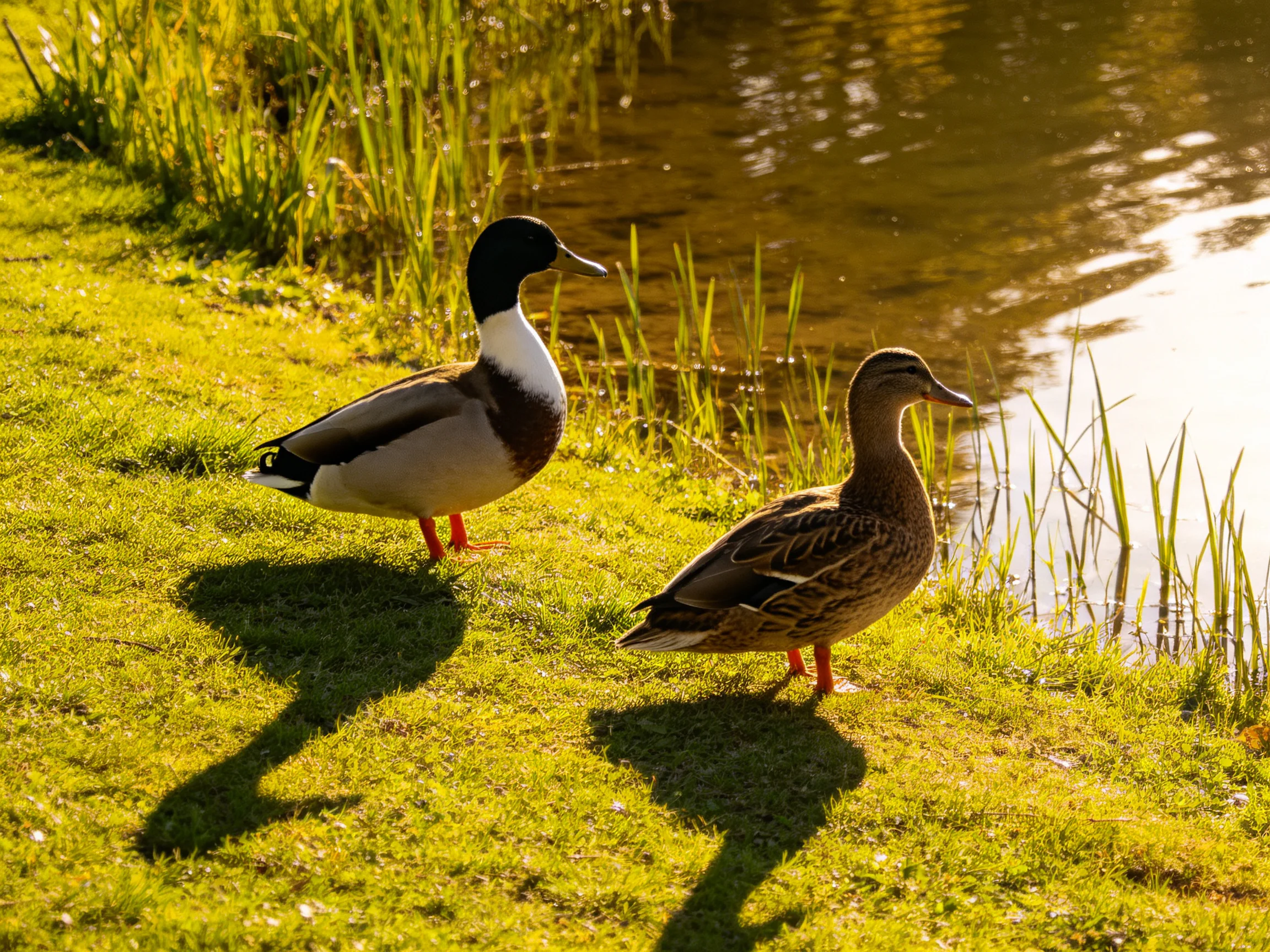 Two ducks on sunlit grassy shore near a reflective pond