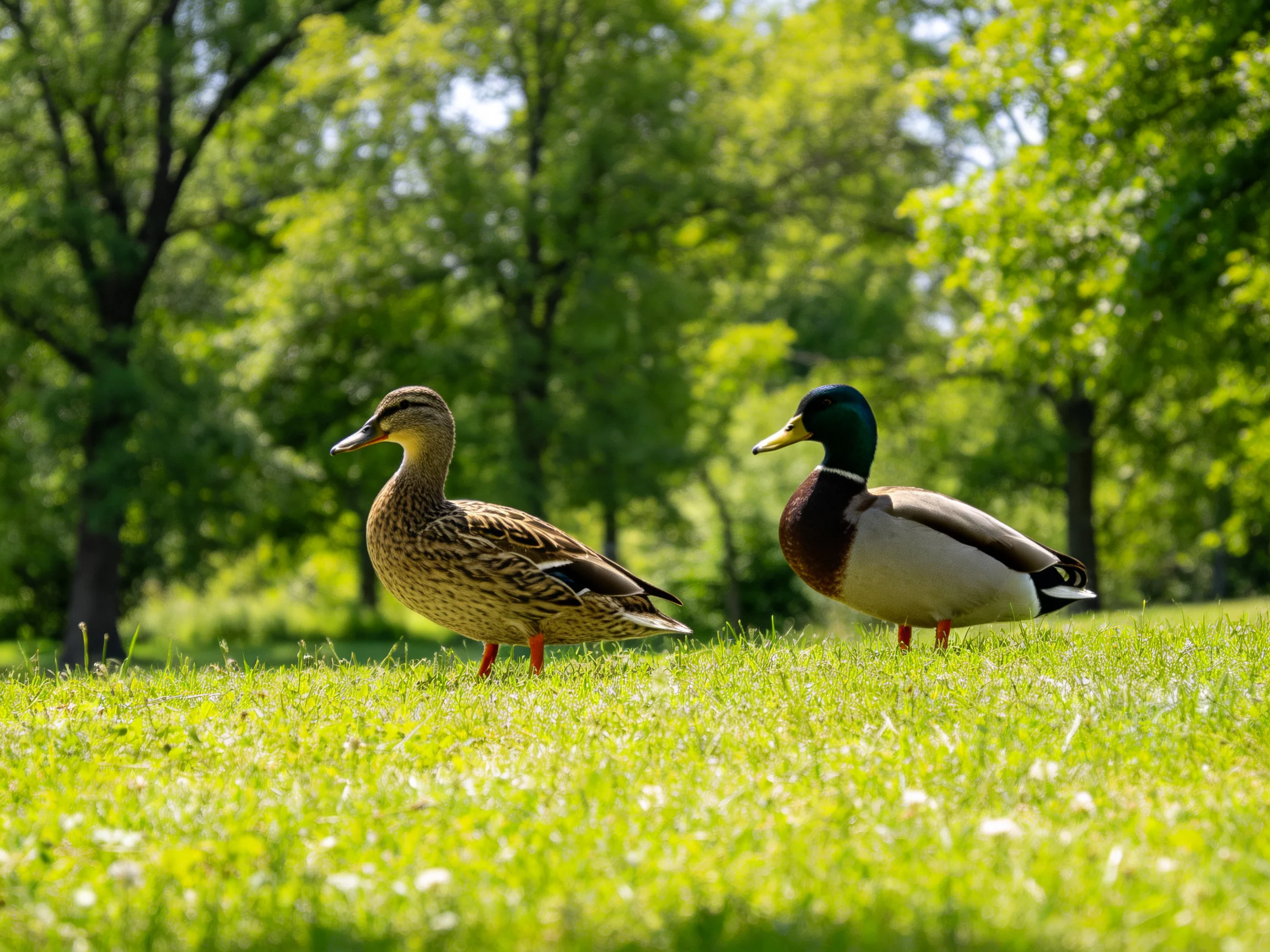 Two ducks, one brown-speckled hen and one green-headed drake, walk on a sunlit grassy field