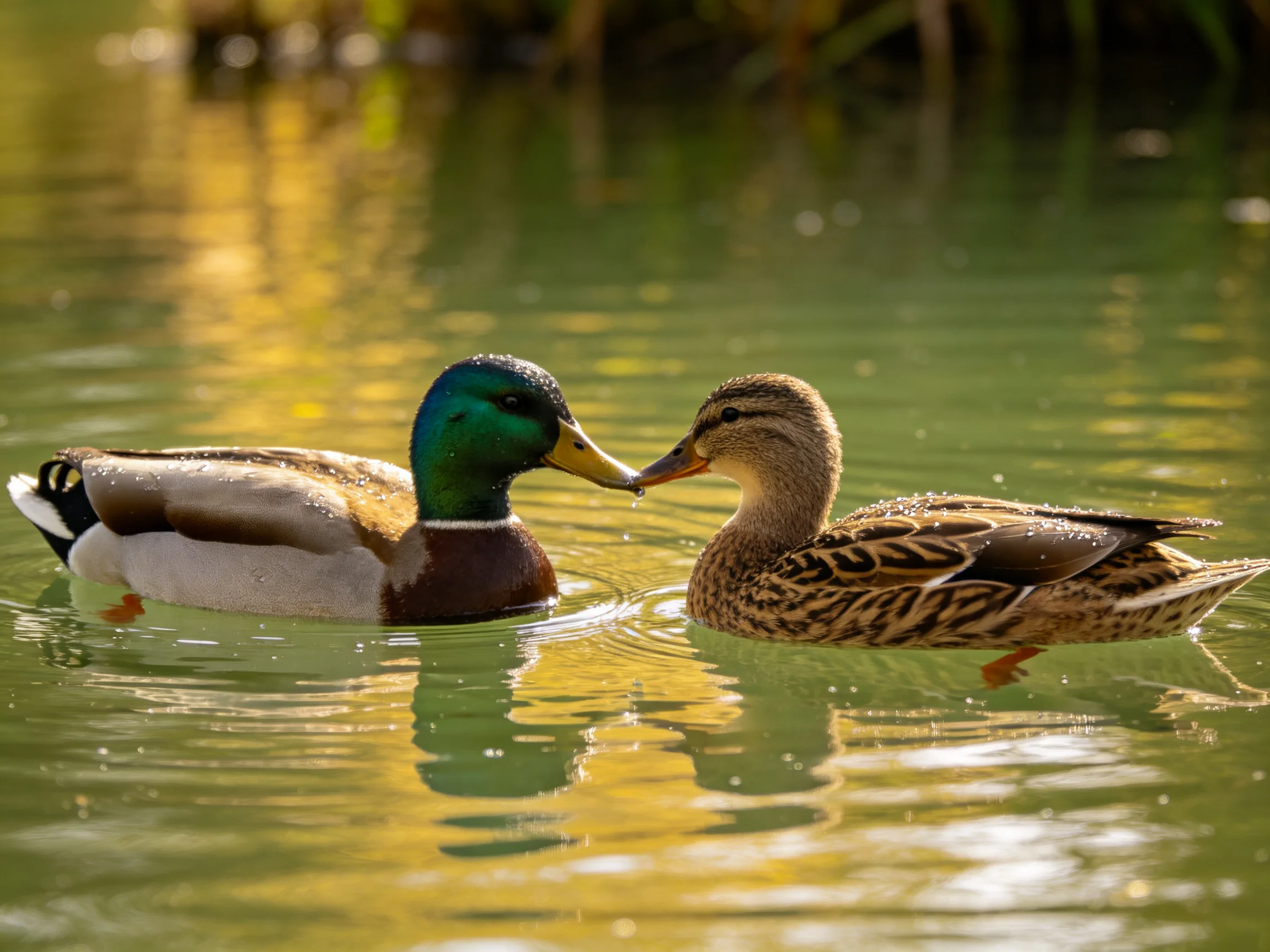 Two ducks, one green-headed and one brown-speckled, swim closely in sunlit water
