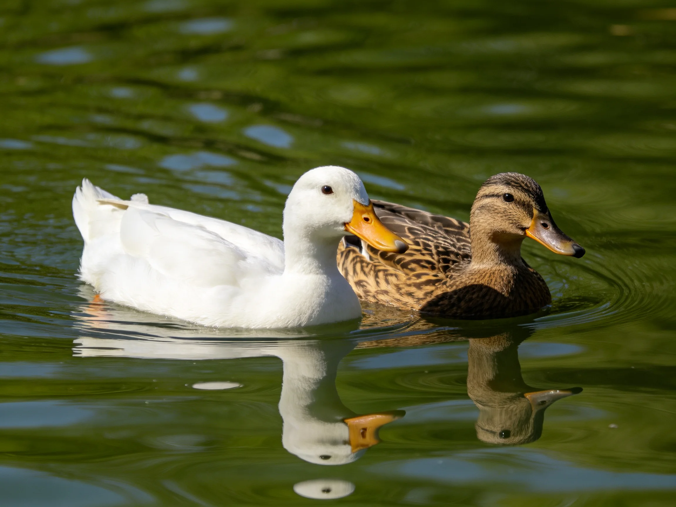 Two ducks, one white and one brown, glide through calm green water