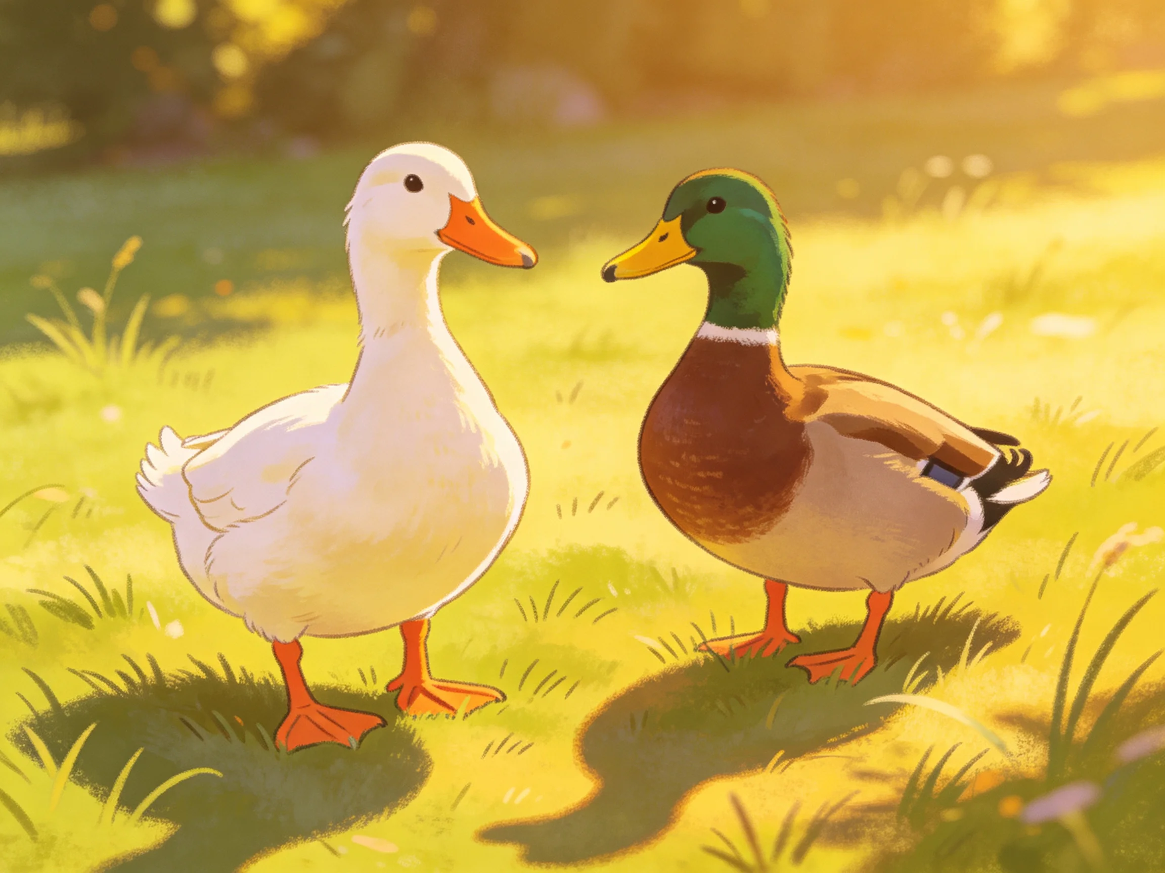 Two ducks, one white and one mallard, on sunlit grass