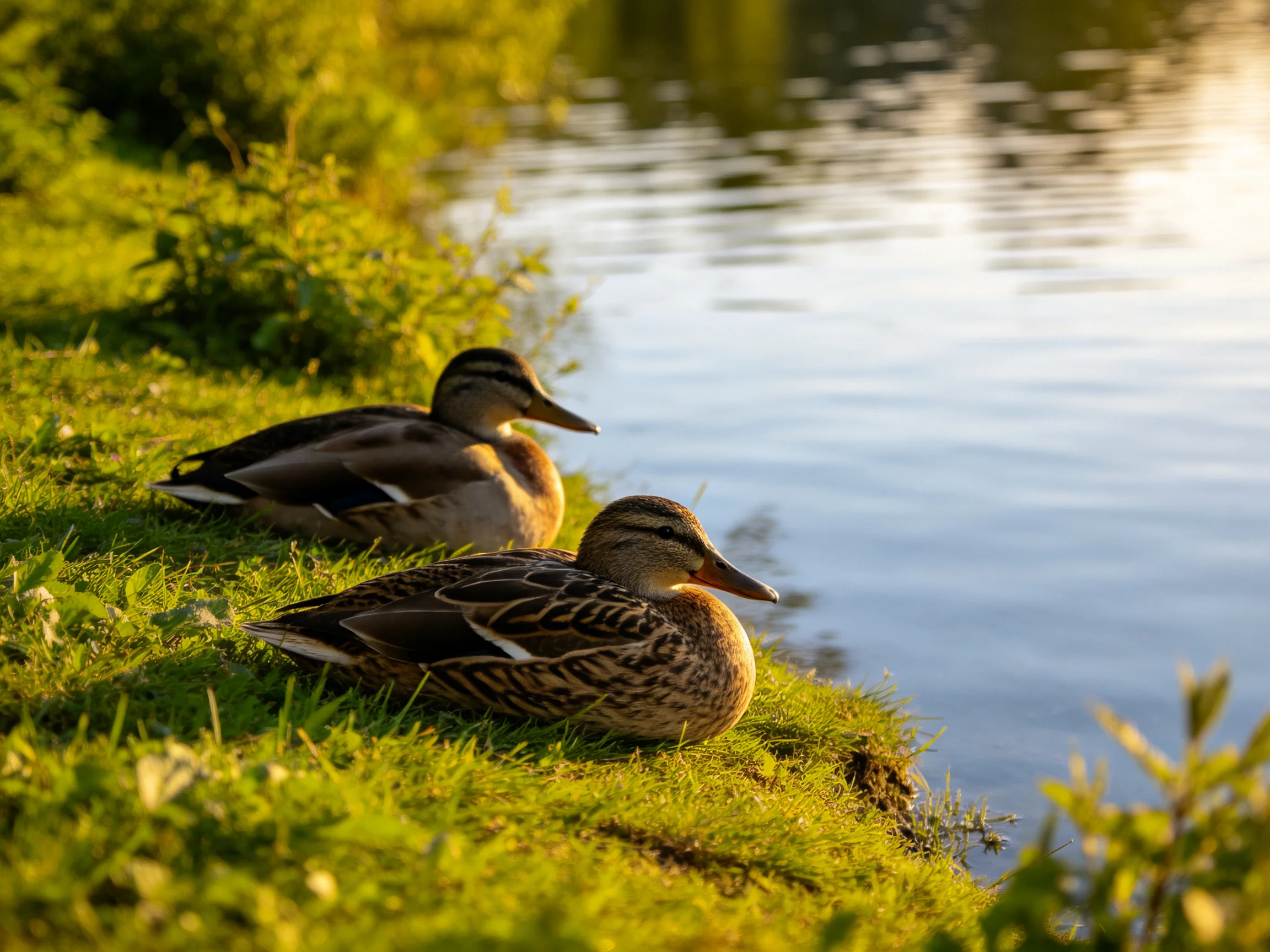 Two ducks rest on a lush green shore by calm water