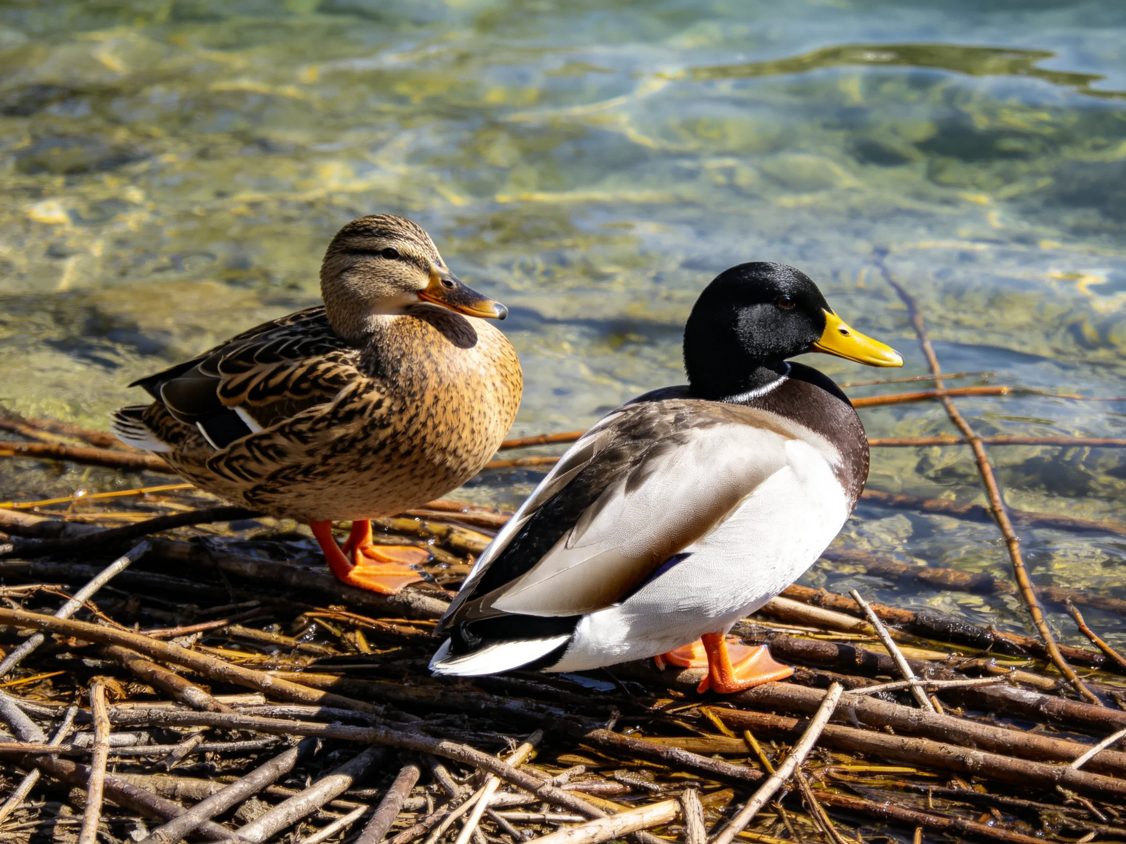 Two ducks rest on twigs beside clear, sunlit water