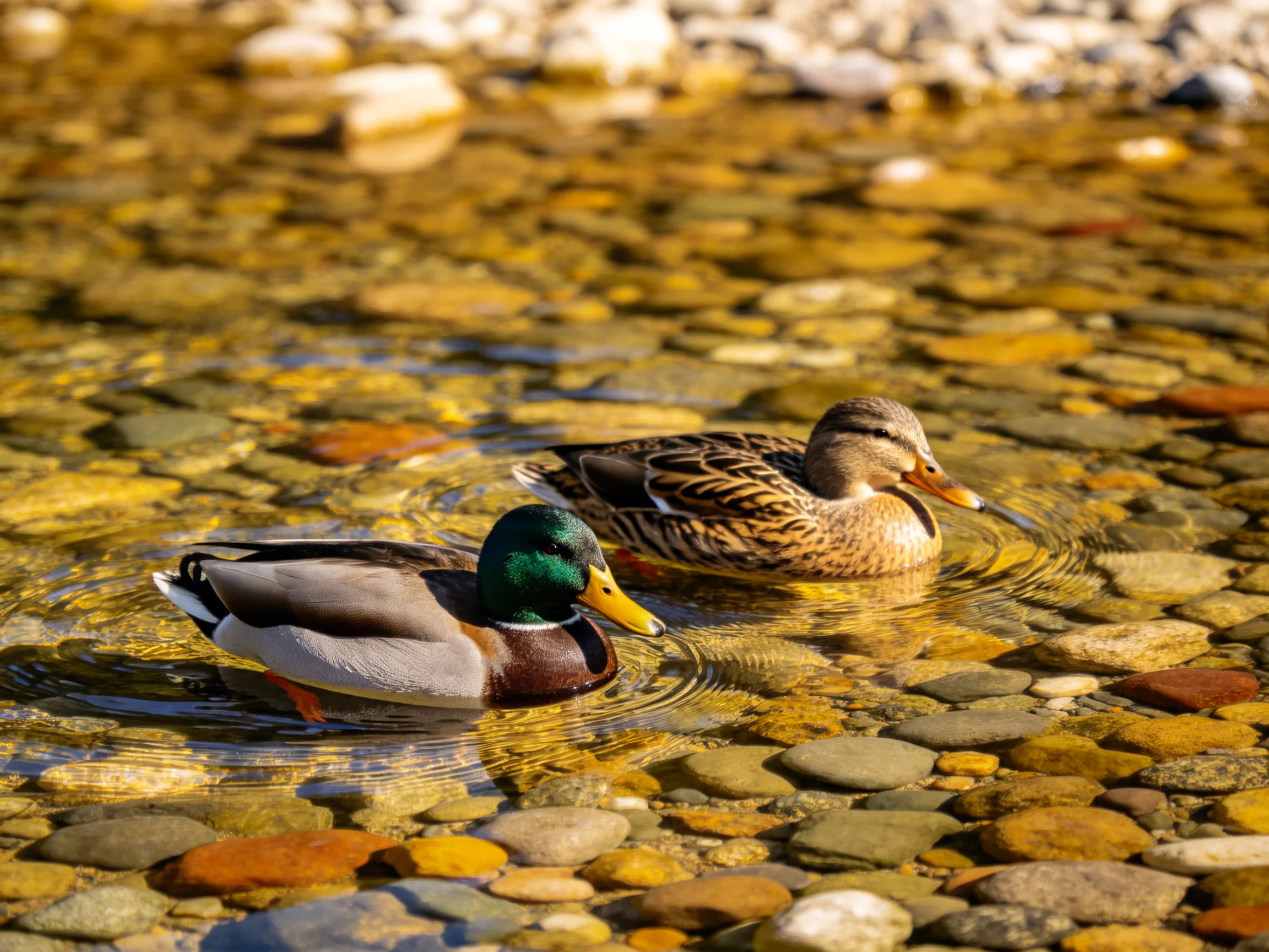 Two ducks swim in a shallow stream with multicolored smooth stones