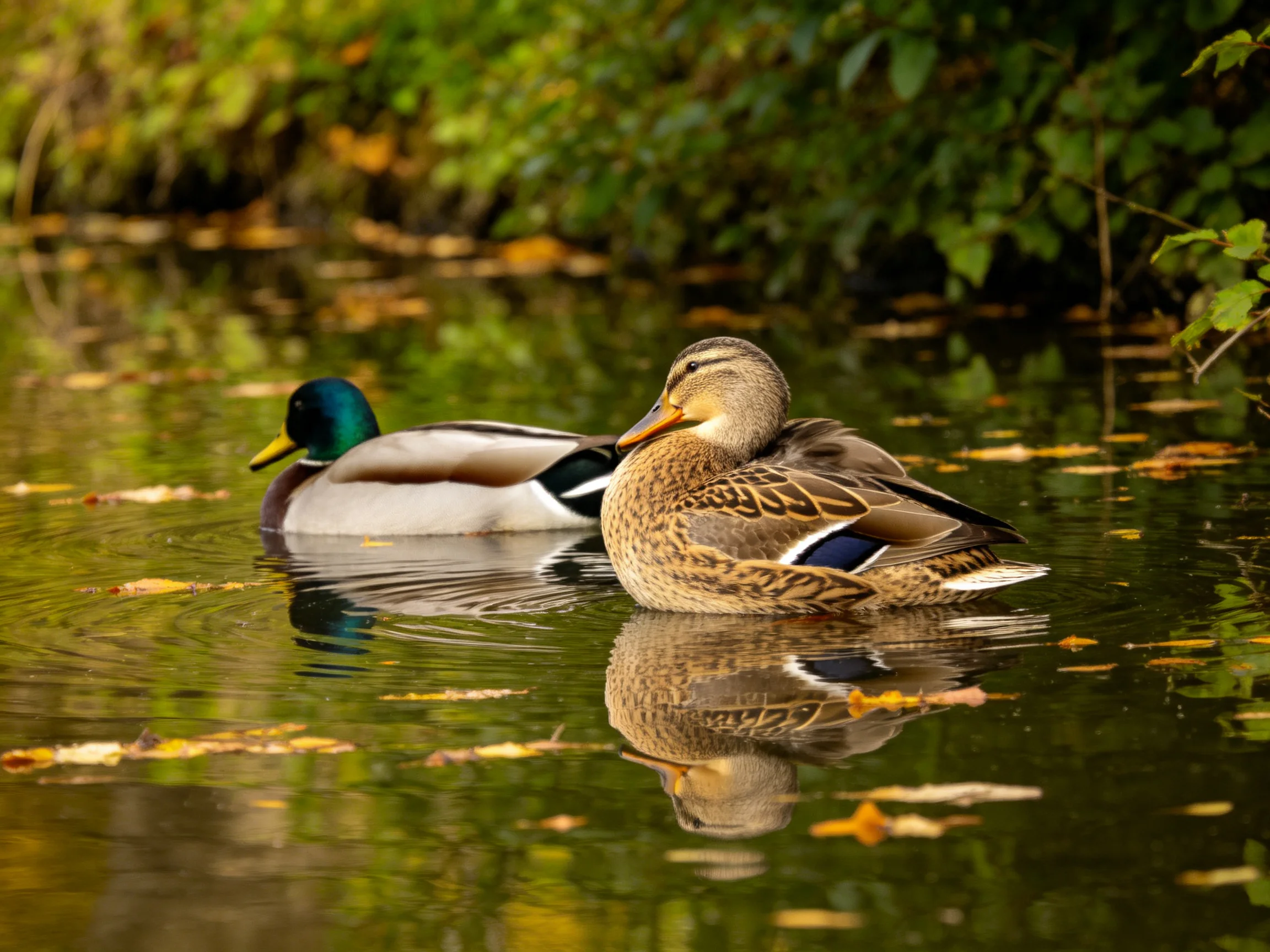 Two ducks swim in calm water near lush green foliage and scattered leaves