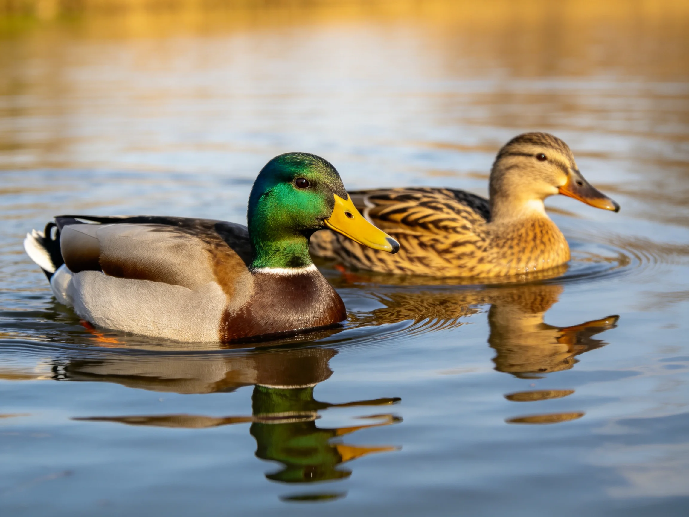 Two ducks swim in calm water, one with green head and yellow beak, the other brown-striped