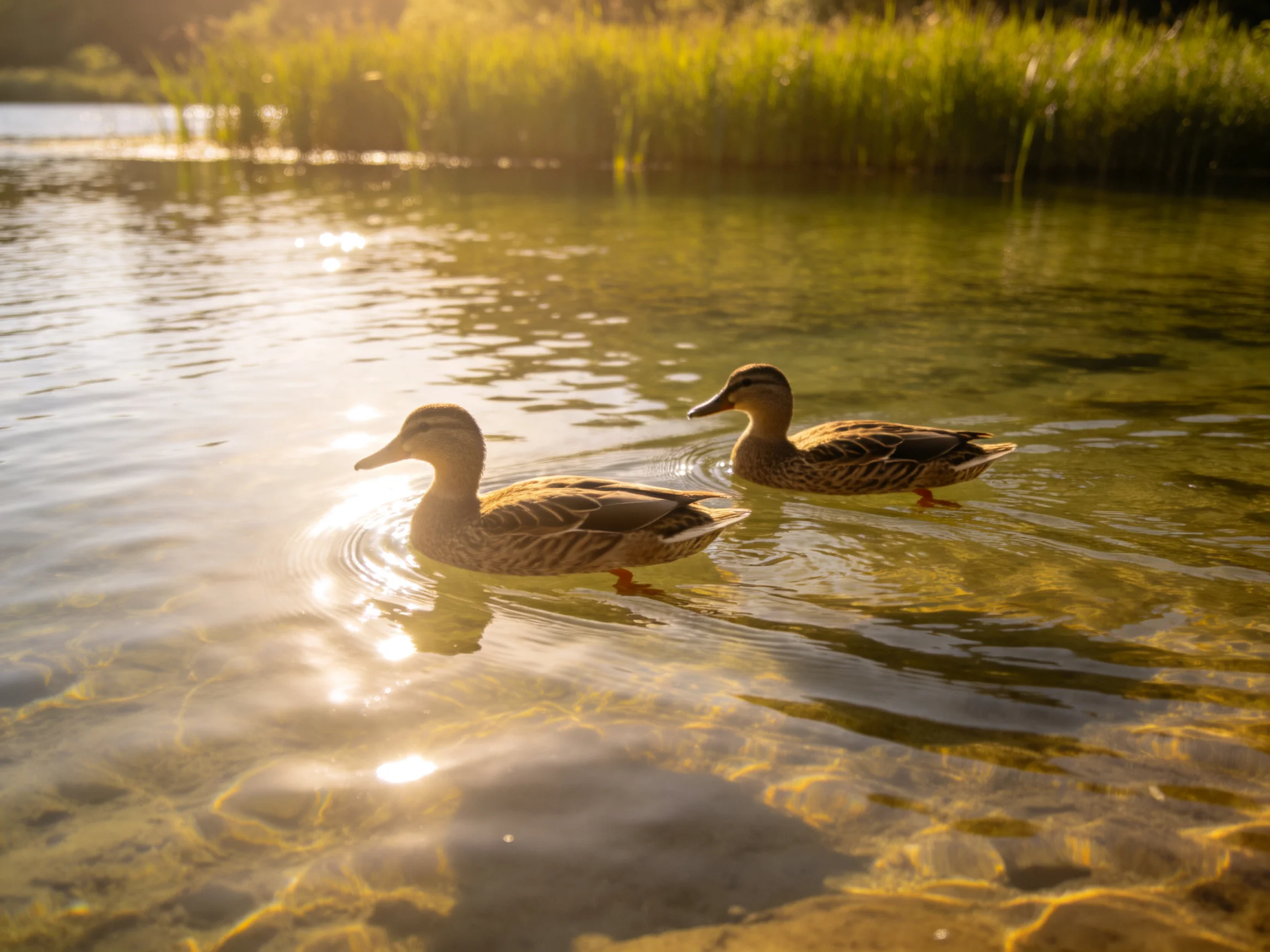 Two ducks swim in clear water with golden sunlight near green reeds
