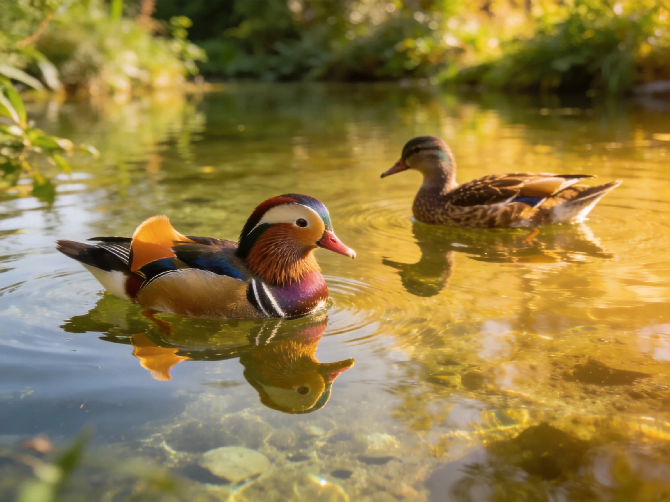 Two ducks swim in golden water with lush green surroundings