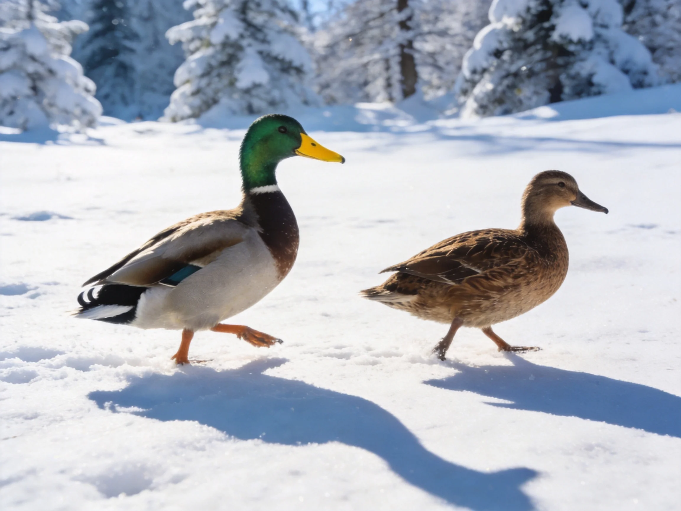 Two ducks walk on snow - covered ground near snow - laden evergreen trees