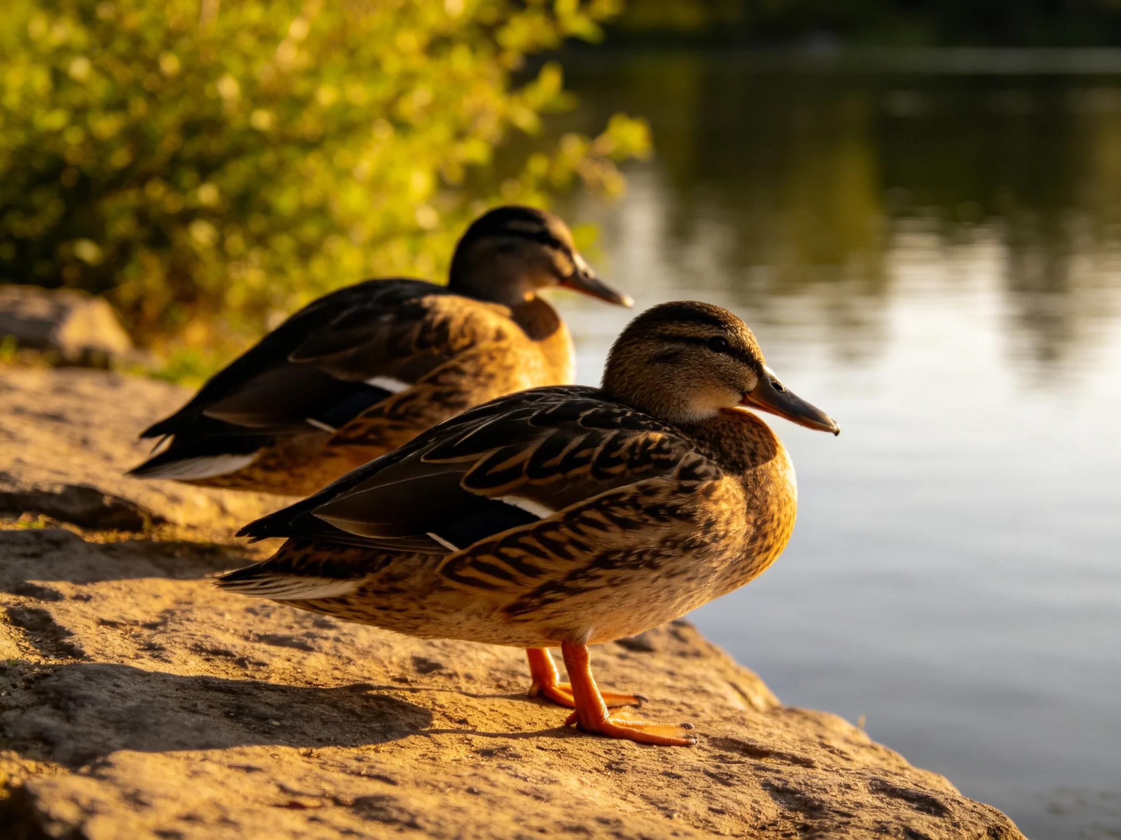 Two ducks with brown and black plumage rest on a rocky shore by calm water