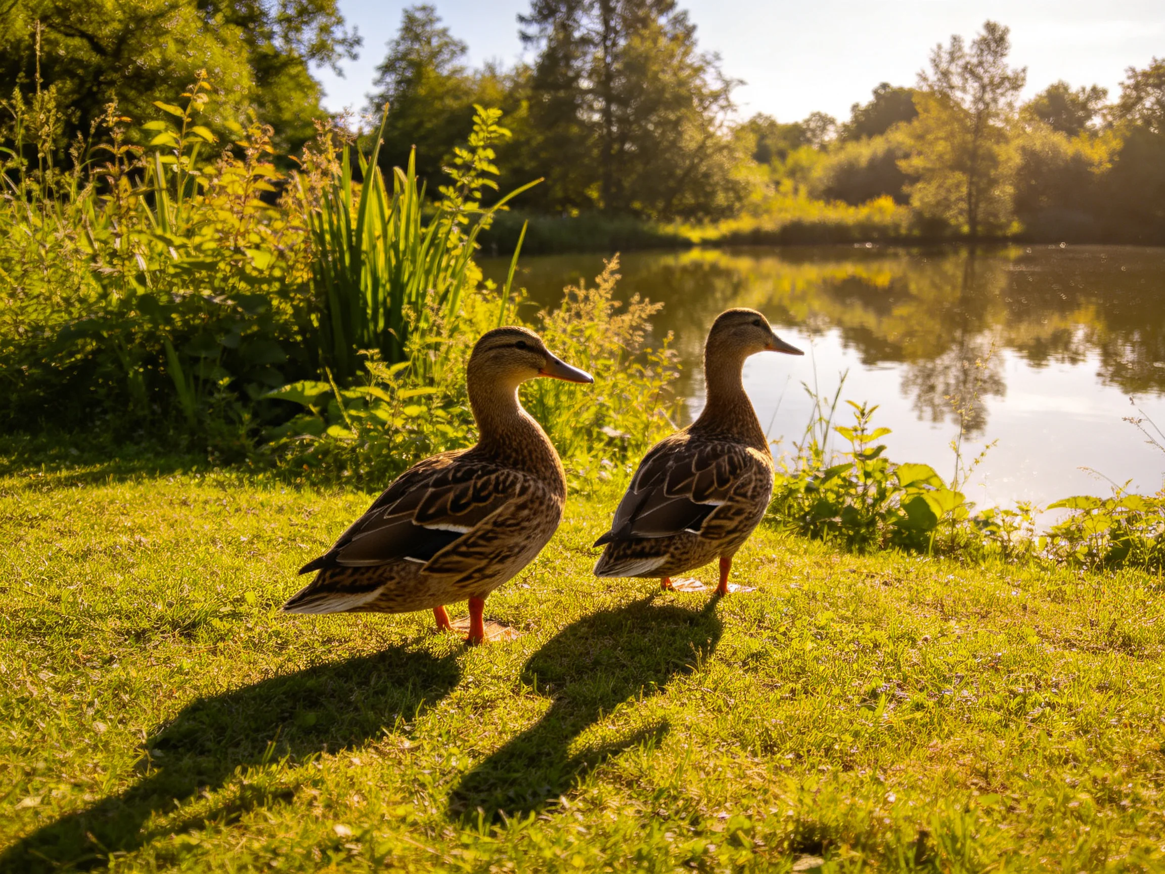 Two ducks with brown and patterned feathers on sunlit grass near a calm pond