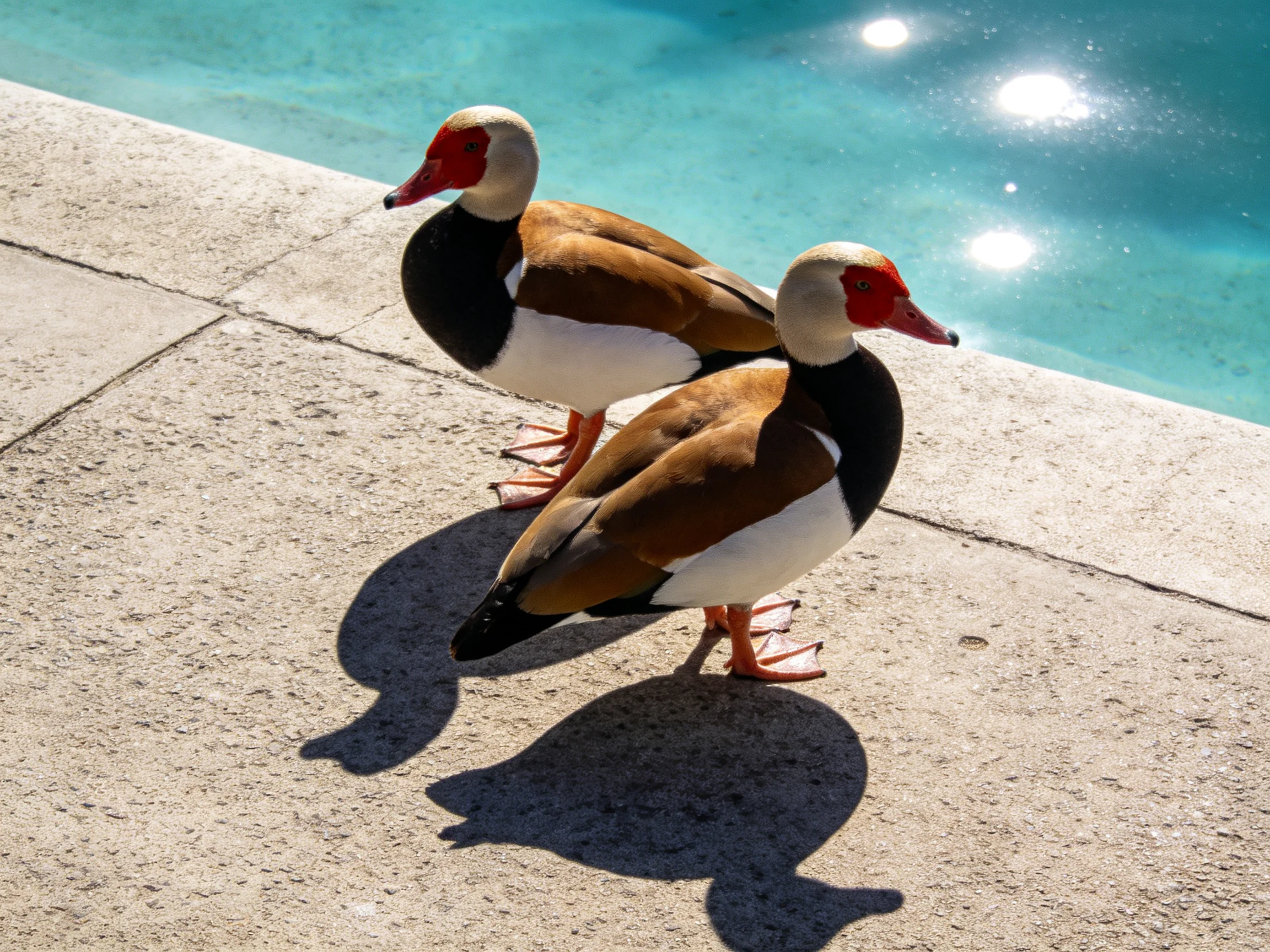Two ducks with brown, black, white, and red plumage by a turquoise pool