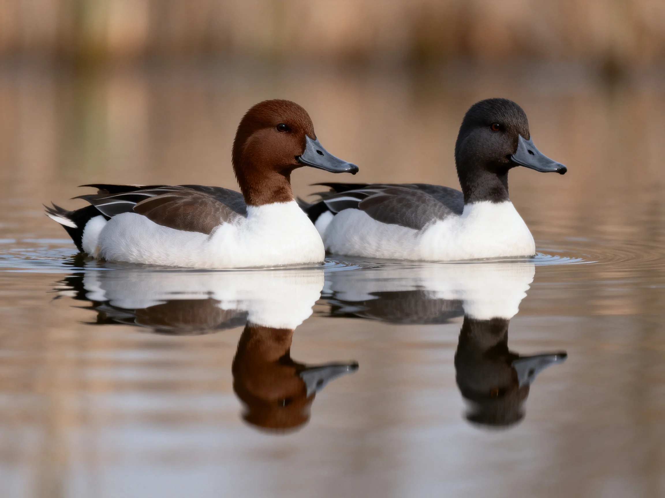 Two ducks with contrasting head colors glide through calm water